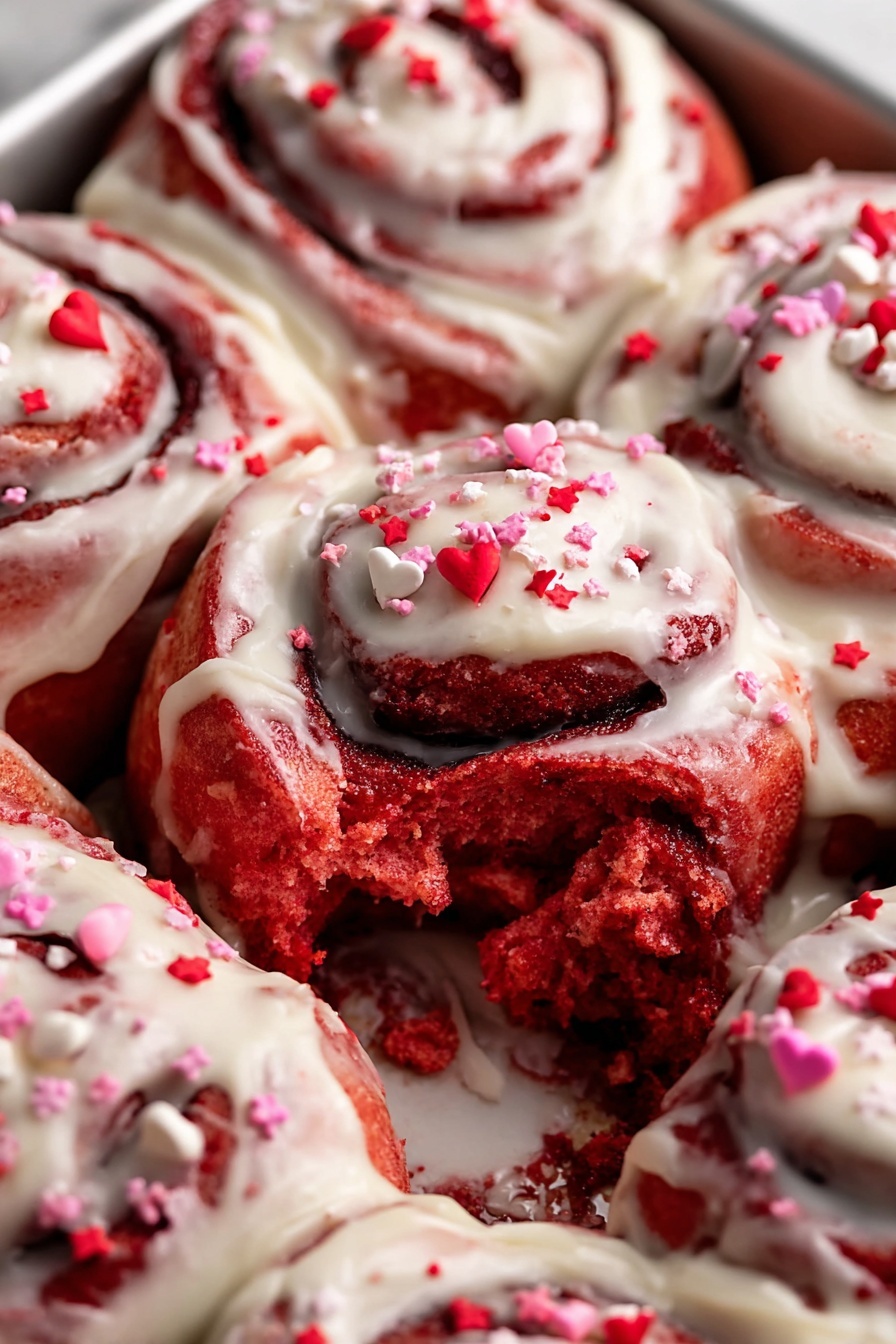 A close-up view of several bright red cinnamon rolls arranged in a white pan on a white marbled surface, each roll showing a swirl pattern of red dough with dark filling inside. The cinnamon rolls are topped with creamy white icing generously spread on top, dripping down the sides, and scattered with small red, pink, and white heart and star-shaped sprinkles. One cinnamon roll in the center is partly eaten, revealing a spongy, soft red texture inside with dripping icing. The focus is sharp on the rolls with a slight blur in the background, creating a cozy and sweet feeling. photo taken with an iphone --ar 2:3 --v 7