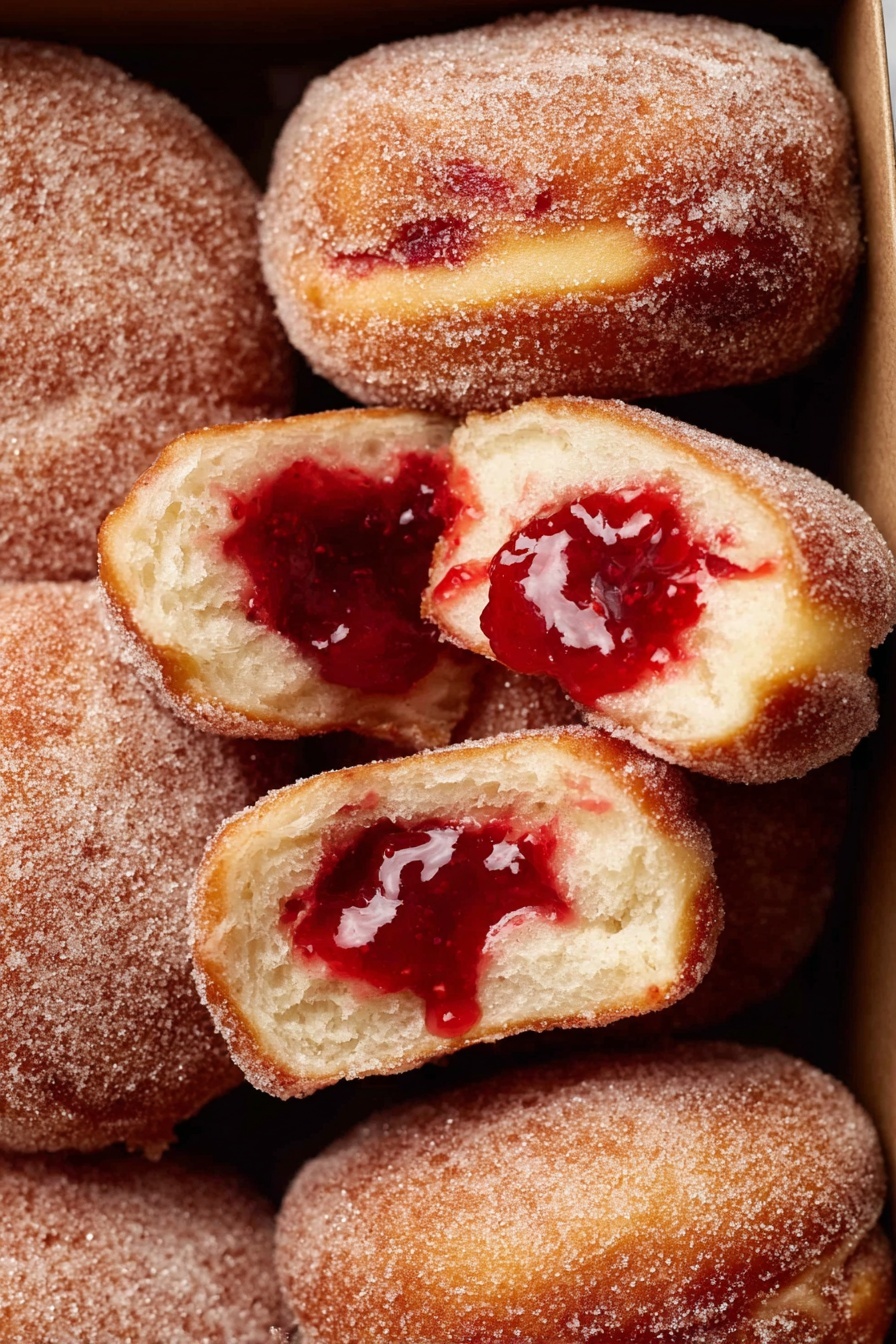 A close-up image of several sugar-coated jelly-filled doughnuts stacked closely inside a cardboard box. The doughnuts have a golden-brown outer layer with a sugar crystal texture visible on the surface. Two doughnuts are broken open, showing soft, fluffy white bread inside filled with bright red, glossy jelly that looks thick and smooth. Some jelly is oozing out slightly from the broken parts and from a few small holes on the doughnuts. The background is a white marbled texture. photo taken with an iphone --ar 2:3 --v 7