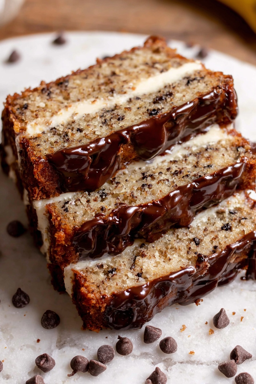 Three slices of layered banana cake are shown on a white marbled surface. Each slice has three layers of moist, light brown cake with visible tiny dark specks and chocolate chips spread inside. Between the cake layers, there are two creamy white frosting layers. On top and sides, a glossy dark chocolate glaze is thickly spread, dripping slightly. Scattered chocolate chips are around the slices, adding a rich look. The image feels warm and inviting, textured with the cake's softness and smooth frosting. Photo taken with an iphone --ar 2:3 --v 7