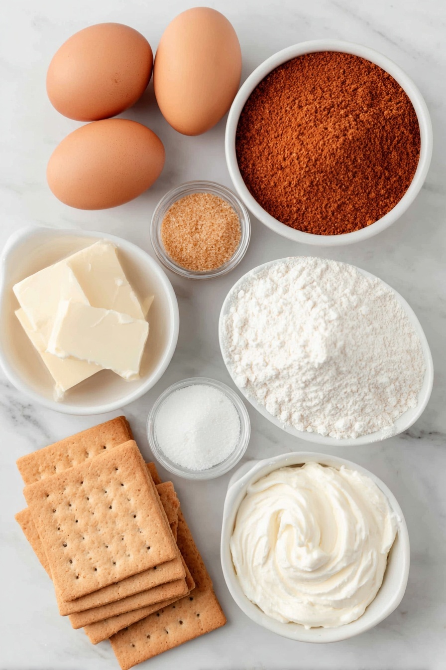 Flat lay of two brown eggs with clean shells, a small mound of golden graham cracker crumbs, a small white ceramic bowl of creamy white cream cheese, a small white ceramic bowl of salted butter softened to room temperature, a small white ceramic bowl of light brown packed brown sugar, a small white ceramic bowl of fine white powdered sugar, a small white ceramic bowl of golden cornstarch powder, a small white ceramic bowl of clear vanilla extract, a small white ceramic bowl of bright red strawberry pie filling, a small pile of pale off-white all-purpose flour, a few whole graham crackers stacked neatly, all arranged with perfect symmetry on a clean white marble surface, soft natural light, photo taken with an iPhone, professional food photography style, fresh ingredients, white ceramic bowls, no bottles, no duplicates, no utensils, no packaging --ar 2:3 --v 7 --p m7354615311229779997