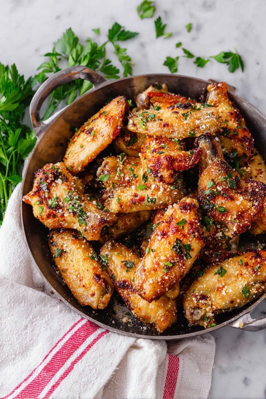 A round black cast iron pan is full of golden brown chicken wings that have a crispy texture with small green herb pieces and a sprinkle of finely grated cheese on top. The wings are piled up in the pan, some pieces standing upright and others lying down, showing different angles of the crispy skin. Small green parsley leaves are scattered over and around the chicken, adding a fresh touch. A white cloth with red stripes is placed near the pan on a white marbled surface, with more parsley lying loosely in the background. photo taken with an iphone --ar 2:3 --v 7
