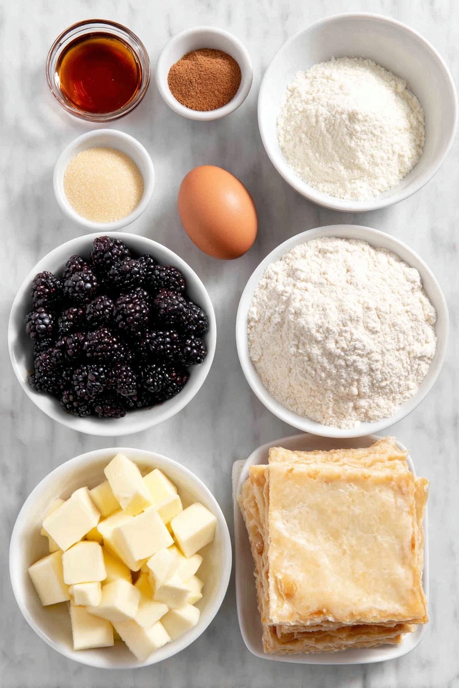 Flat lay of two medium peeled and chopped cooking apples, a handful of fresh blackberries, a small pile of golden caster sugar, a small pile of fine caster sugar, a tablespoon of cornflour powder, a small white bowl with honey, a teaspoon of ground cinnamon, two sheets of pale shortcrust pastry, a whole clean uncracked brown egg, all arranged symmetrically in simple white ceramic bowls and plates placed on a clean white marble surface, soft natural light, photo taken with an iPhone, professional food photography style, fresh ingredients, white ceramic bowls, no bottles, no duplicates, no utensils, no packaging --ar 2:3 --v 7 --p m7354615311229779997