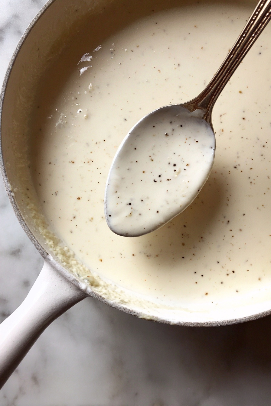 The image shows a white plate with a thick, round meat patty sliced in half horizontally, revealing two dense brown layers with a crispy golden-brown outer crust. A creamy white sauce with a smooth, slightly speckled texture flows generously over the top and middle edges of the patty. Behind the meat, there is a mound of pale yellow mashed potatoes with a slightly rough texture. A silver fork is stuck vertically into the top layer of the meat. The background has a soft white marbled texture, creating a clean and bright setting. Photo taken with an iphone --ar 2:3 --v 7