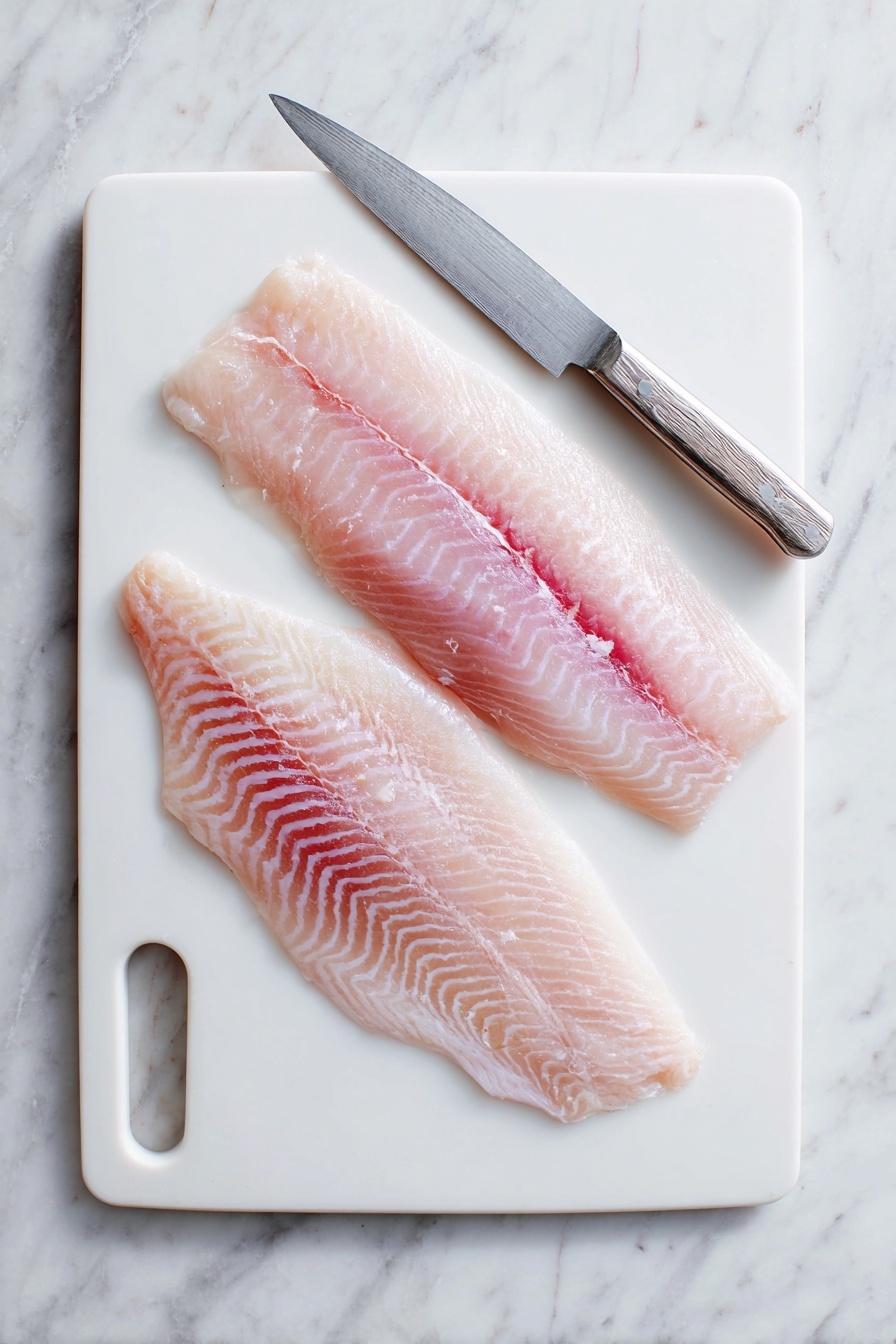 A crispy golden brown fried fish piece is being dipped into a creamy white sauce with visible herbs in a round white bowl. Around the bowl, there are thick golden fried potato wedges scattered. A woman's hand is holding the fried fish piece. The background consists of more fried fish pieces with a white marbled texture surface below. photo taken with an iphone --ar 2:3 --v 7