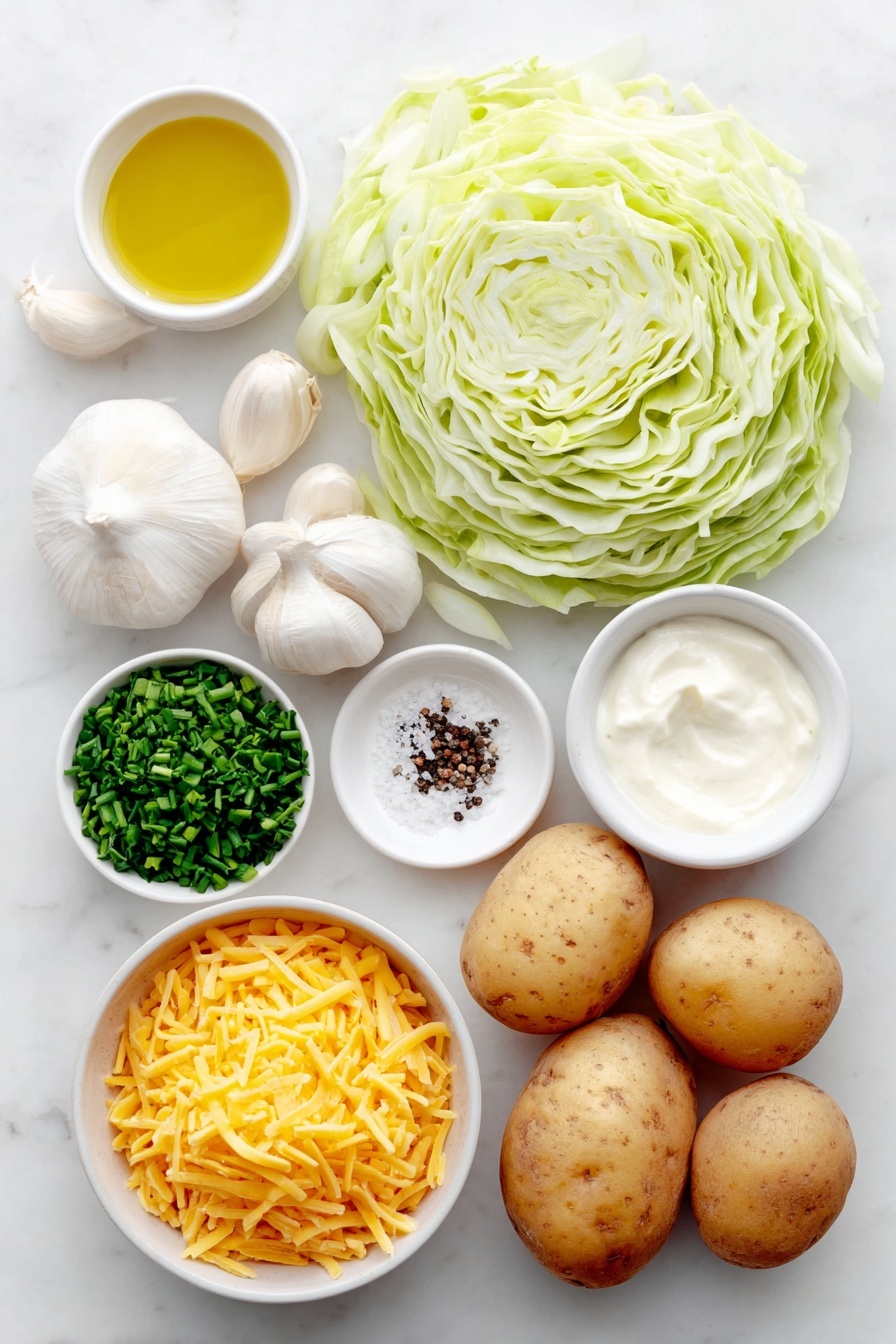 Flat lay of thinly sliced leeks, a small pile of thinly sliced green cabbage, four whole uncracked garlic cloves, a few sprigs of fresh parsley, a small bunch of minced chives, a small white ceramic bowl filled with olive oil, a small white ceramic bowl of kosher salt, a small white ceramic bowl filled with heavy cream, three whole russet potatoes with natural skin, a small mound of shredded Irish cheddar cheese, a small white ceramic bowl containing flaky sea salt, and a small white ceramic bowl with freshly cracked black pepper, all arranged symmetrically and balanced, placed on a clean white marble surface, soft natural light, photo taken with an iPhone, professional food photography style, fresh ingredients, white ceramic bowls, no bottles, no duplicates, no utensils, no packaging --ar 2:3 --v 7 --p m7354615311229779997