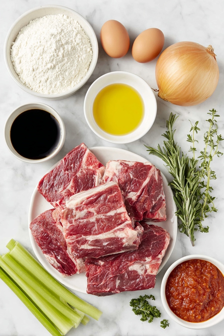 Flat lay of a pile of raw beef short ribs with rich marbling, a small mound of all-purpose flour on a simple white ceramic plate, a few whole uncracked brown eggs, a small white bowl with golden olive oil, a large white ceramic plate with a whole unpeeled onion, a bright orange whole carrot, two fresh green celery stalks, six plump garlic cloves, a small white bowl filled with vibrant red tomato paste, a small white bowl with dark stout beer resembling Guinness, a small white bowl of rich beef broth, a small white bowl containing dark brown liquid smoke, fresh sprigs of green rosemary, fresh sprigs of green thyme, and a small bunch of chopped bright green parsley, all arranged with perfect symmetry, placed on a clean white marble surface, soft natural light, photo taken with an iPhone, professional food photography style, fresh ingredients, white ceramic bowls, no bottles, no duplicates, no utensils, no packaging --ar 2:3 --v 7 --p m7354615311229779997