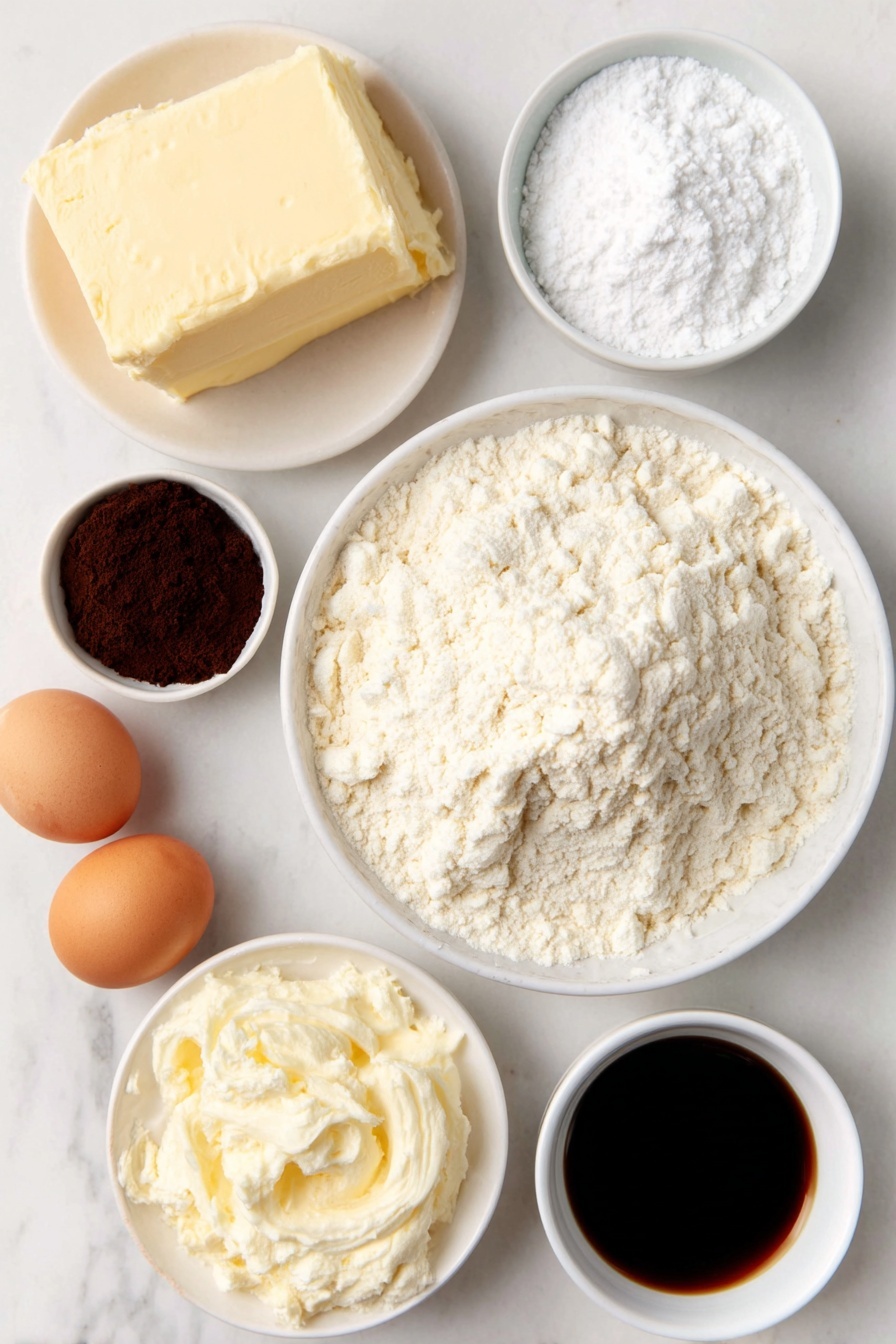 Flat lay of a small mound of pale cake flour, a small white ceramic bowl filled with dark espresso powder, a small white ceramic bowl of white baking powder, a small white ceramic bowl of off-white baking soda, a small white ceramic bowl of coarse salt, a half block of creamy unsalted butter softened, a small heap of white granulated sugar, three whole brown eggs with clean shells, a small white ceramic bowl of clear pale vanilla extract, a small white ceramic bowl of thick sour cream, a small white ceramic bowl with dark strong black coffee, a small white ceramic bowl with creamy light beige Baileys Irish Cream, and a small white ceramic bowl of fine white confectioners’ sugar placed on a clean white marble surface, soft natural light, photo taken with an iPhone, professional food photography style, fresh ingredients, white ceramic bowls, no bottles, no duplicates, no utensils, no packaging --ar 2:3 --v 7 --p m7354615311229779997
