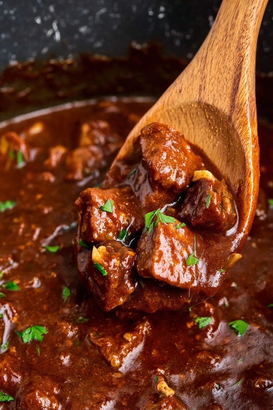 A close-up view of thick, rich brown stew with chunks of tender meat coated in a glossy, deep reddish-brown sauce; small pieces of green herbs are scattered on top, adding a touch of fresh color. A wooden spoon holds several pieces of the meat and some of the sauce above the pot, showing a textured and moist surface on the meat with bits of garlic visible in the sauce. The background is a white marbled texture. photo taken with an iphone --ar 2:3 --v 7