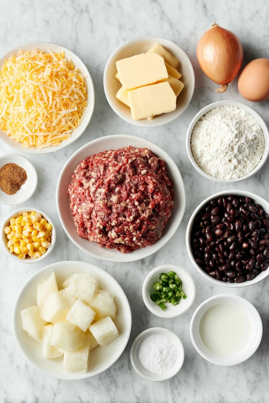Flat lay of a small mound of lean ground beef, a stack of yellow Velveeta cheese cubes, a small pile of grated sharp cheddar cheese, one whole yellow onion, four small chopped potatoes, one diced red bell pepper, a small white bowl of whole corn kernels, a small white bowl of black beans, a small white bowl of chopped green chiles, a small white bowl of light golden unsalted butter, a small white bowl of all-purpose flour, a small white bowl of whole milk, a small white bowl of low-sodium broth, a small white bowl of ground cumin powder, a small white bowl of garlic powder, a small white bowl of cayenne powder, clean whole brown eggs with shells, all ingredients fresh and natural, arranged with perfect symmetry on simple white ceramic bowls and plates, placed on a clean white marble surface, soft natural light, photo taken with an iPhone, professional food photography style, fresh ingredients, white ceramic bowls, no bottles, no duplicates, no utensils, no packaging --ar 2:3 --v 7 --p m7354615311229779997