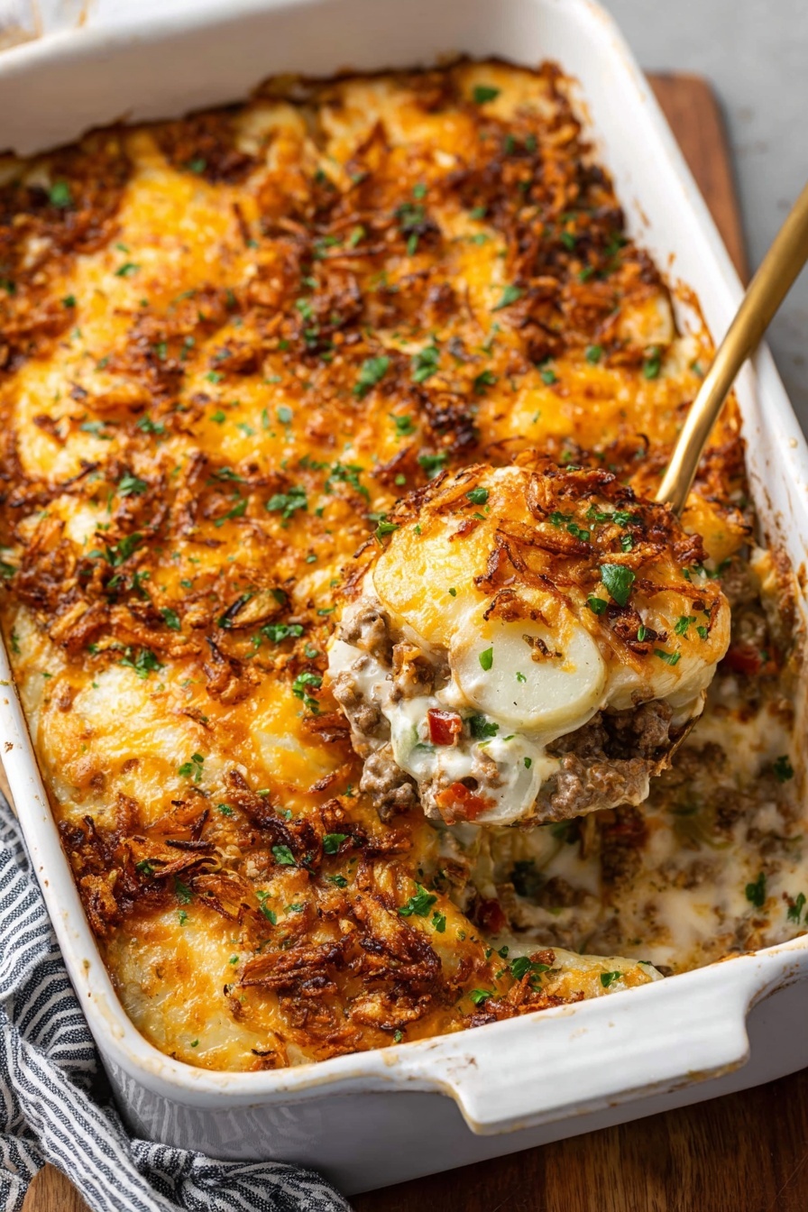 A white baking dish filled with a layered casserole, topped with a golden-brown melted cheese layer mixed with crispy fried onions and sprinkled with green herbs. Beneath the top, layers of creamy mixture with visible slices of white rounds, browned ground meat, and bits of red and green vegetables can be seen. A wooden spoon lifts a portion from the bottom right corner, showing distinct layers of creamy sauce, cheese, ground meat, and sliced vegetables. The dish rests on a white marbled surface, with a glimpse of a striped cloth nearby. Photo taken with an iphone --ar 2:3 --v 7