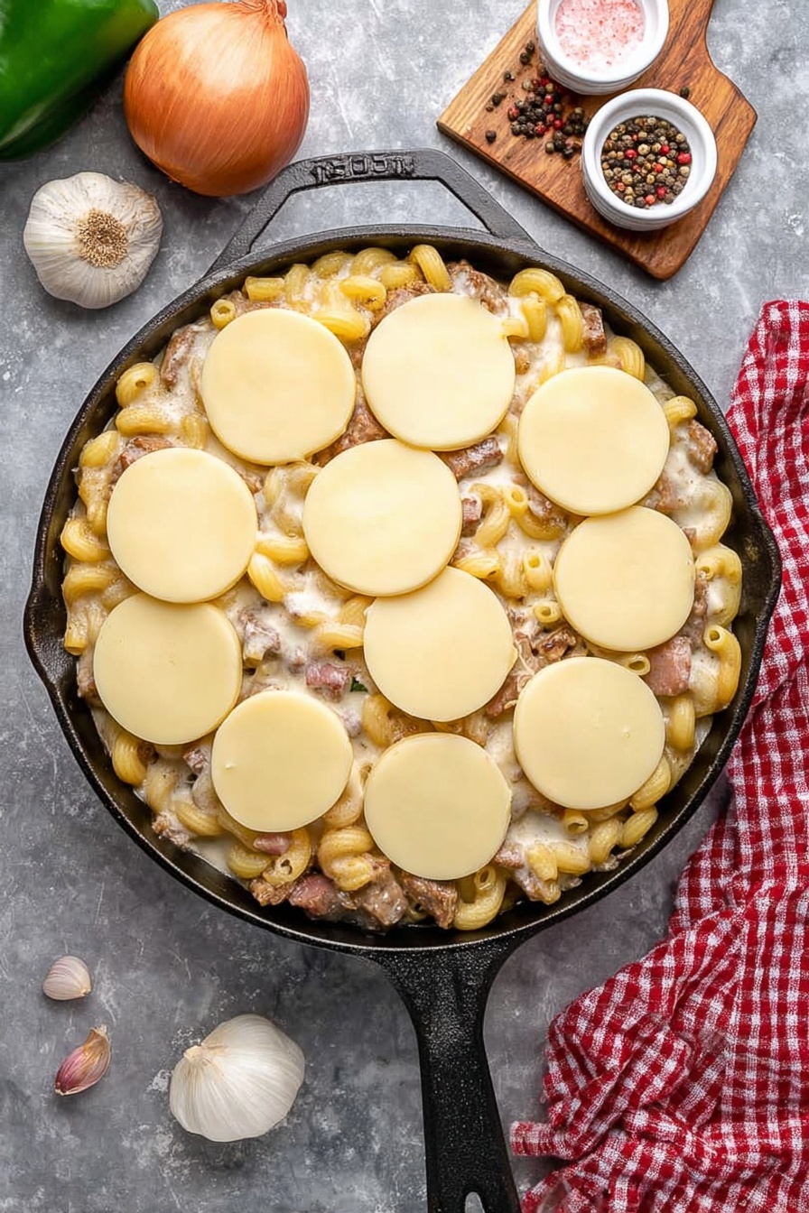 A white round plate holds a creamy macaroni dish with 3 main layers: at the base are soft, slightly yellow macaroni piles, mixed with sliced brown mushrooms spread evenly; on top is a thick layer of creamy, light beige sauce coating the pasta and mushrooms, making them shiny and smooth; scattered green parsley pieces are sprinkled over the dish, adding small fresh color spots. To the top left, a close-up of a white oval baking dish shows the same macaroni mixture with a golden brown melted cheese crust on one side, bubbly and slightly toasted. The whole scene is set on a white marbled surface with raw mushrooms, green herbs, a garlic bulb, and a red-checkered cloth nearby. photo taken with an iphone --ar 2:3 --v 7