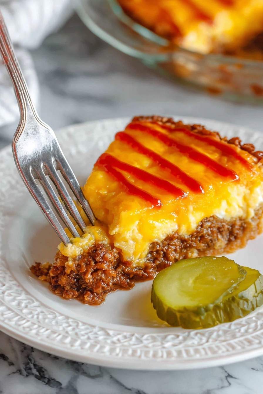 A clear glass round dish holds a layered casserole on a white marbled surface. The bottom layer is dark brown cooked ground meat. Above it is a thick layer of shredded bright orange cheese spread evenly. A woman's hand is pouring a light cream sauce from a clear glass bowl over the cheese, the sauce flowing down in a smooth stream. The glass dish shows all layers clearly. Photo taken with an iphone --ar 2:3 --v 7