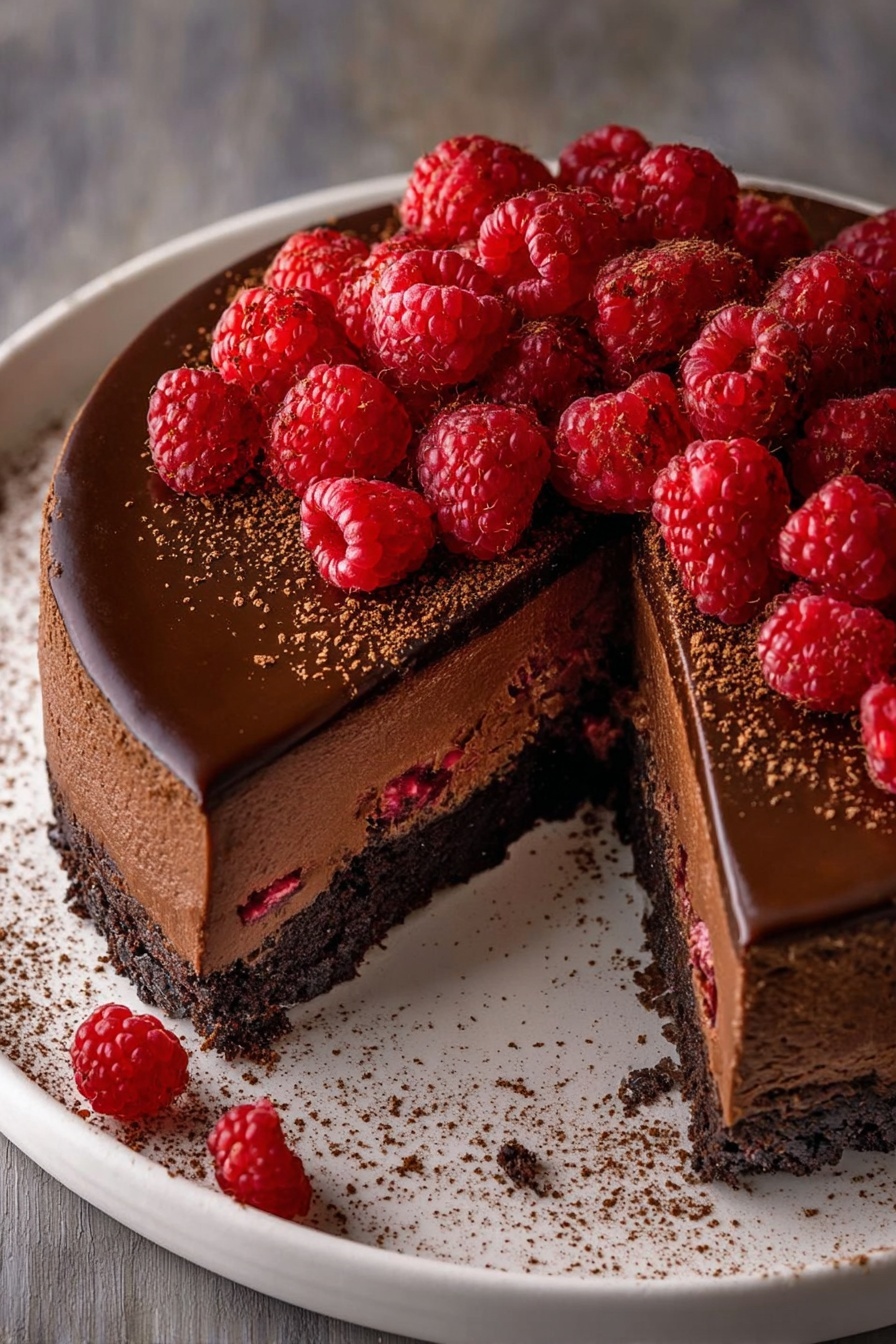 The image shows a round chocolate cake on a white plate with three visible layers: a dark brown crumbly cookie crust at the bottom, a thick rich chocolate filling layer with bits of red raspberries inside, and a smooth glossy chocolate glaze layer on top. The glaze is decorated with fresh bright red raspberries clustered mostly on one side and a few scattered around the plate. One slice is removed, showing the dense inner texture and the layered cross section. There is a light dusting of cocoa powder on the glaze and plate, all set on a wood textured surface. Photo taken with an iphone --ar 2:3 --v 7