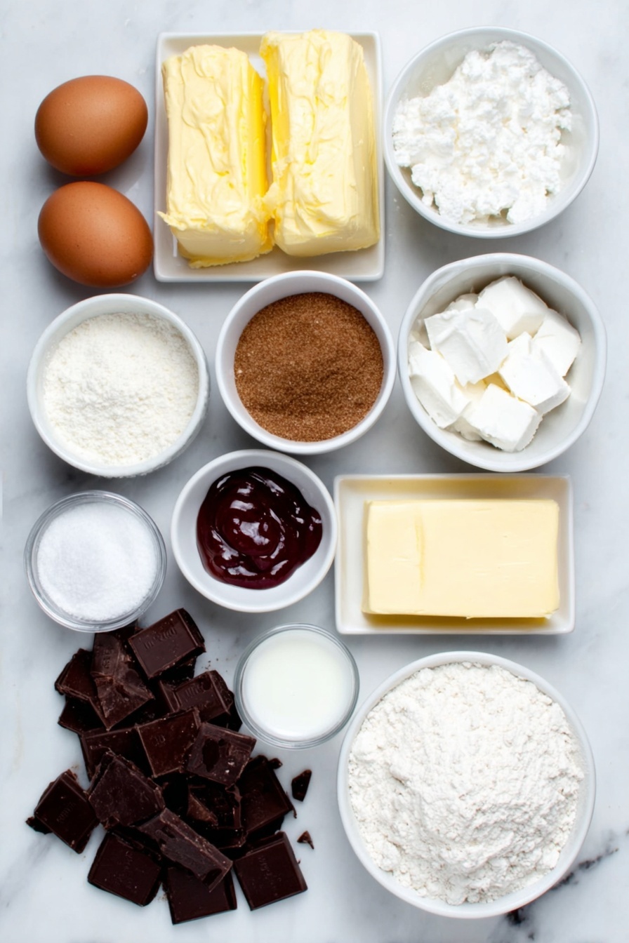 Flat lay of fresh cream cheese blocks, two whole brown eggs with clean shells, a small white ceramic bowl of white granulated sugar, a small white ceramic bowl of brown sugar, a small white ceramic bowl of heavy cream, a small white ceramic bowl of vanilla bean paste, a small white ceramic bowl of red food coloring, small chunks of dark, milk, and white chocolate arranged neatly on a white ceramic plate, a small white ceramic bowl of Dutch processed cocoa powder, a stick of unsalted butter, a small white ceramic bowl of all purpose flour, and a small white ceramic bowl of white vinegar, placed on a clean white marble surface, soft natural light, photo taken with an iPhone, professional food photography style, fresh ingredients, white ceramic bowls, no bottles, no duplicates, no utensils, no packaging --ar 2:3 --v 7 --p m7354615311229779997