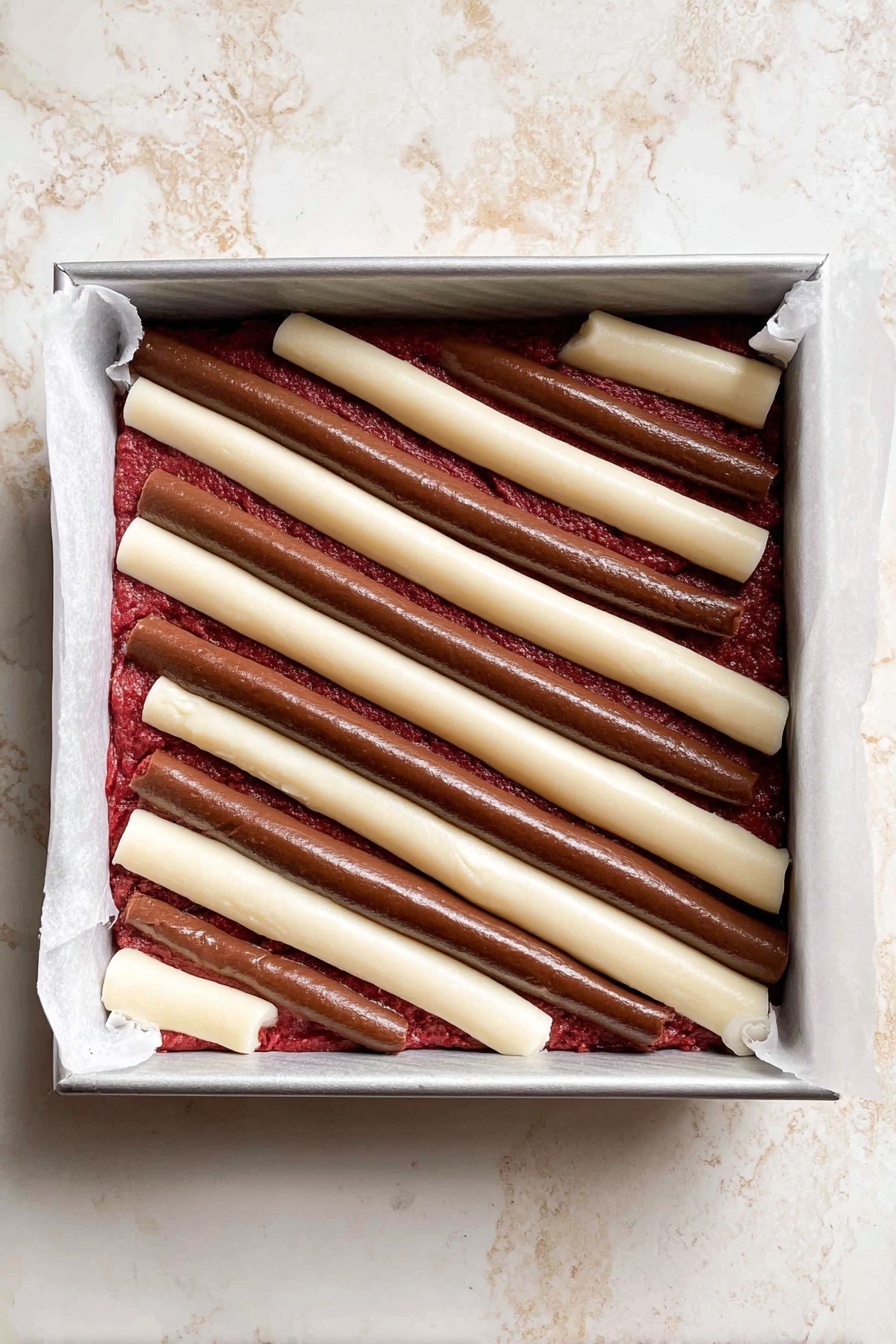A stack of three square-shaped dessert bars sits on a white marbled surface, each bar showing rich layers of deep red velvet and creamy white swirls. The bottom and middle layers are thick and dense with dark red velvet cake, while the creamy white cheese layers are spread unevenly within the middle and top bars, creating a marbled effect. The top bar has a slightly melted chocolate chunk embedded in the red velvet, giving it a glossy texture. Crumbs and small broken pieces of the dessert surround the stack, adding a casual, homemade feel to the scene. The background is softly blurred, keeping focus on the bars in the front. photo taken with an iphone --ar 2:3 --v 7