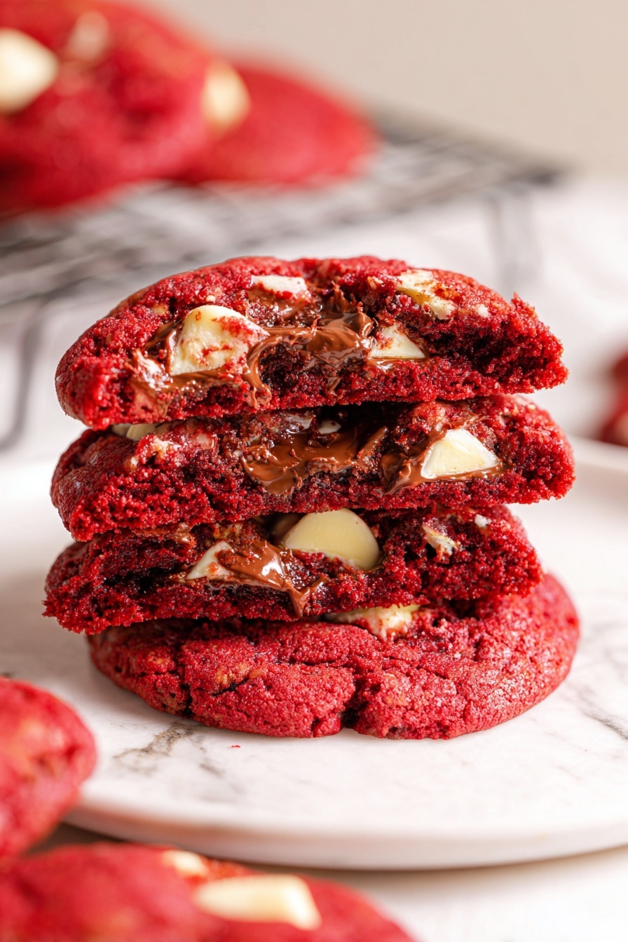 A wooden bowl sits on a white marbled surface, filled with a thick, deep red batter. On top of the batter, there is a mix of chopped dark and white chocolate pieces scattered across the center. A red spatula rests inside the bowl, partially covered with the red batter, leaning against the side. The mix of colors shows strong contrast between the dark red, dark brown, and creamy white, with a slightly messy but inviting look. photo taken with an iphone --ar 2:3 --v 7