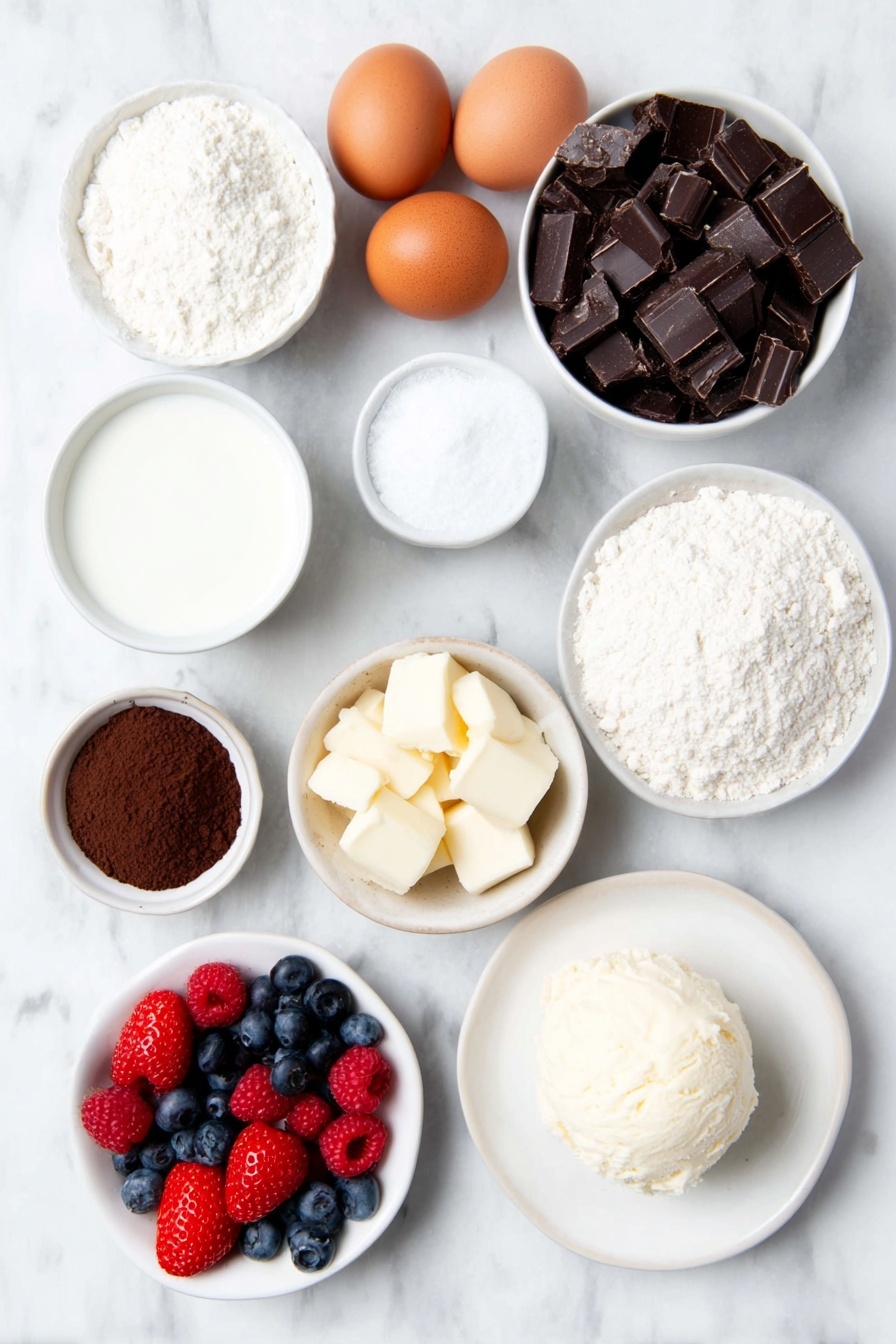 Flat lay of finely chopped dark chocolate pieces, small white ceramic bowl of heavy cream, small white ceramic bowl of unsalted butter cubes, three whole large brown eggs with clean shells, small white ceramic bowl of granulated sugar, small white ceramic bowl of all-purpose flour, small white ceramic bowl of espresso powder, small white ceramic bowl with a pinch of kosher salt, small white ceramic bowl of powdered sugar, scoop of smooth vanilla ice cream on a simple white plate, small cluster of fresh mixed berries including strawberries, blueberries, and raspberries arranged neatly, all ingredients fresh and natural, balanced symmetrical layout, perfect proportions, placed on a clean white marble surface, soft natural light, photo taken with an iPhone, professional food photography style, fresh ingredients, white ceramic bowls, no bottles, no duplicates, no utensils, no packaging --ar 2:3 --v 7 --p m7354615311229779997