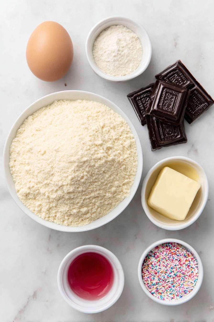 Flat lay of a small mound of pale beige sugar cookie mix powder, a small white ceramic bowl with melted golden salted butter, a small white ceramic bowl holding a few tablespoons of fine all-purpose flour, one large whole brown egg with a clean shell, a small white ceramic bowl filled with vibrant pink and red liquid food coloring, unwrapped glossy silver-wrapped Hershey’s hugs chocolates arranged in a neat cluster, and a small white ceramic bowl of colorful decorative sprinkles in heart and flower shapes, all perfectly spaced in balanced symmetry and natural proportions, placed on a clean white marble surface, soft natural light, photo taken with an iPhone, professional food photography style, fresh ingredients, white ceramic bowls, no bottles, no duplicates, no utensils, no packaging --ar 2:3 --v 7 --p m7354615311229779997