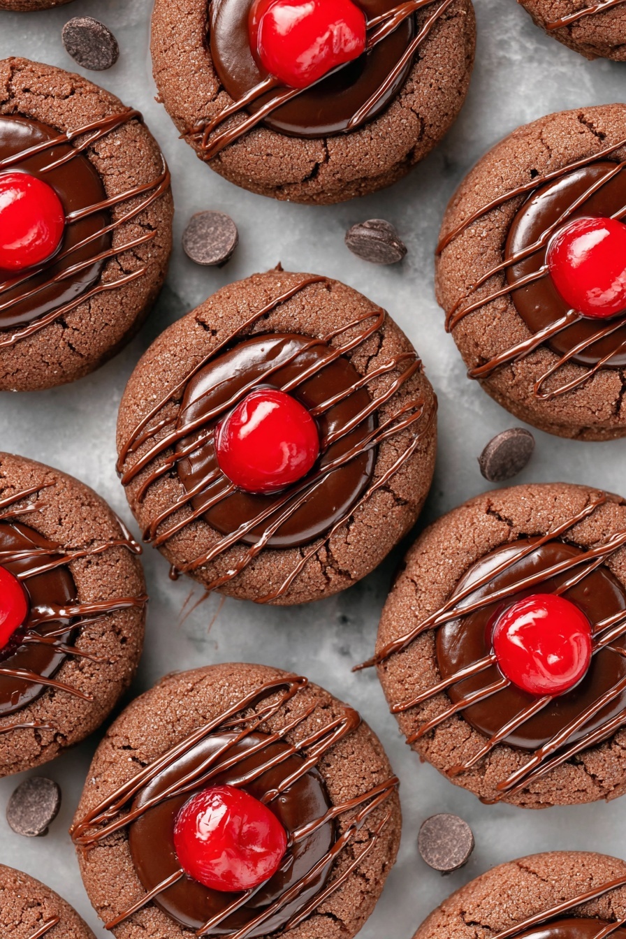 The image shows several round chocolate cookies arranged closely on a white marbled surface. Each cookie has three layers: the bottom is a rich brown, soft-textured cookie, the middle is a smooth dark chocolate filling with a glossy finish, and the top is a whole bright red cherry, shiny and centered. Additionally, there are thin, wavy lines of lighter brown chocolate drizzled over the whole cookie surface. Around the cookies, a few scattered chocolate chips are placed randomly. photo taken with an iphone --ar 2:3 --v 7
