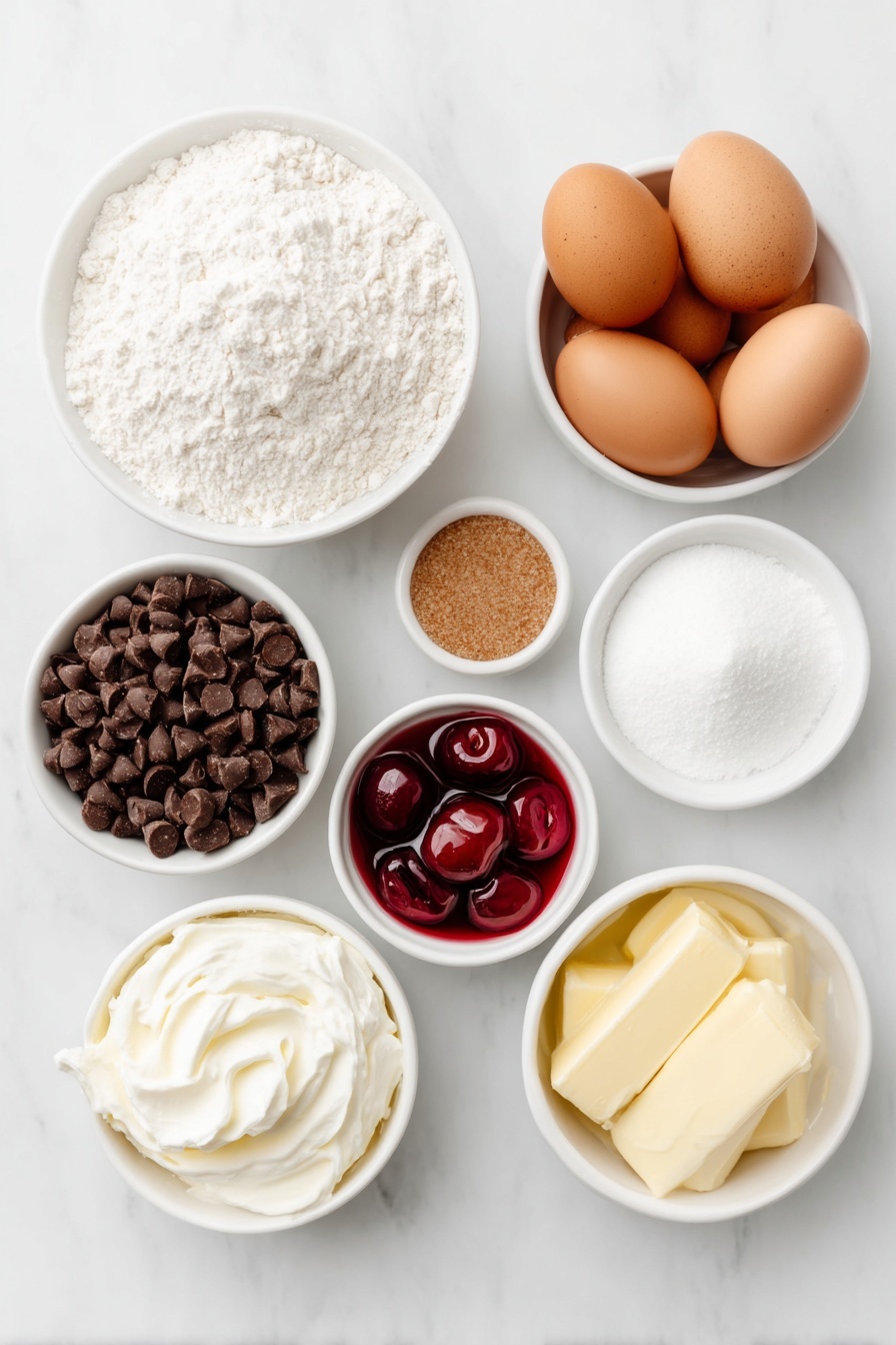 Flat lay of a small pile of all-purpose flour in a simple white ceramic bowl, a small white ceramic bowl filled with unsweetened cocoa powder, a white ceramic bowl containing light brown sugar, another white ceramic bowl with granulated sugar, two whole uncracked large brown eggs, a small white ceramic bowl holding glossy maraschino cherries without stems, a small white ceramic bowl with dark semi-sweet chocolate chips, a small white ceramic bowl with heavy whipping cream, a small white ceramic bowl containing golden softened unsalted butter, and a small white ceramic bowl with rich red maraschino cherry juice, all arranged symmetrically and balanced on a clean white marble surface, soft natural light, photo taken with an iPhone, professional food photography style, fresh ingredients, white ceramic bowls, no bottles, no duplicates, no utensils, no packaging --ar 2:3 --v 7 --p m7354615311229779997