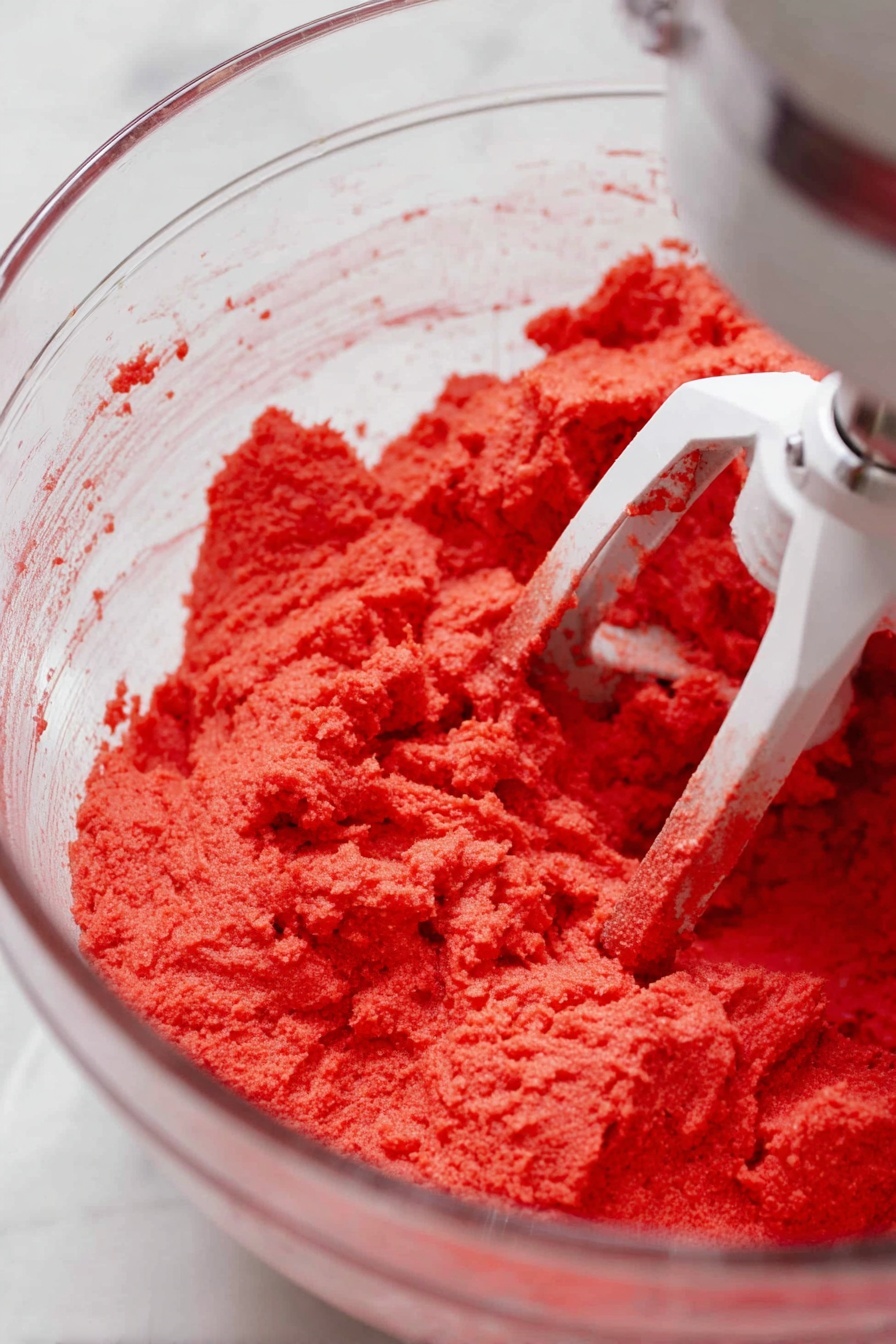The image shows several round cookies with a light tan base layer and a bright red heart shape in the center of each. The edges of the cookies are decorated with small pink and white sprinkles, creating a textured border. One cookie in the middle is broken in half, showing the soft, crumbly texture inside with the red heart layer clearly visible through the middle. The cookies lie on a metal cooling rack, and above them is a white bowl filled with the same pink and white sprinkles. The background is a white marbled texture. photo taken with an iphone --ar 2:3 --v 7