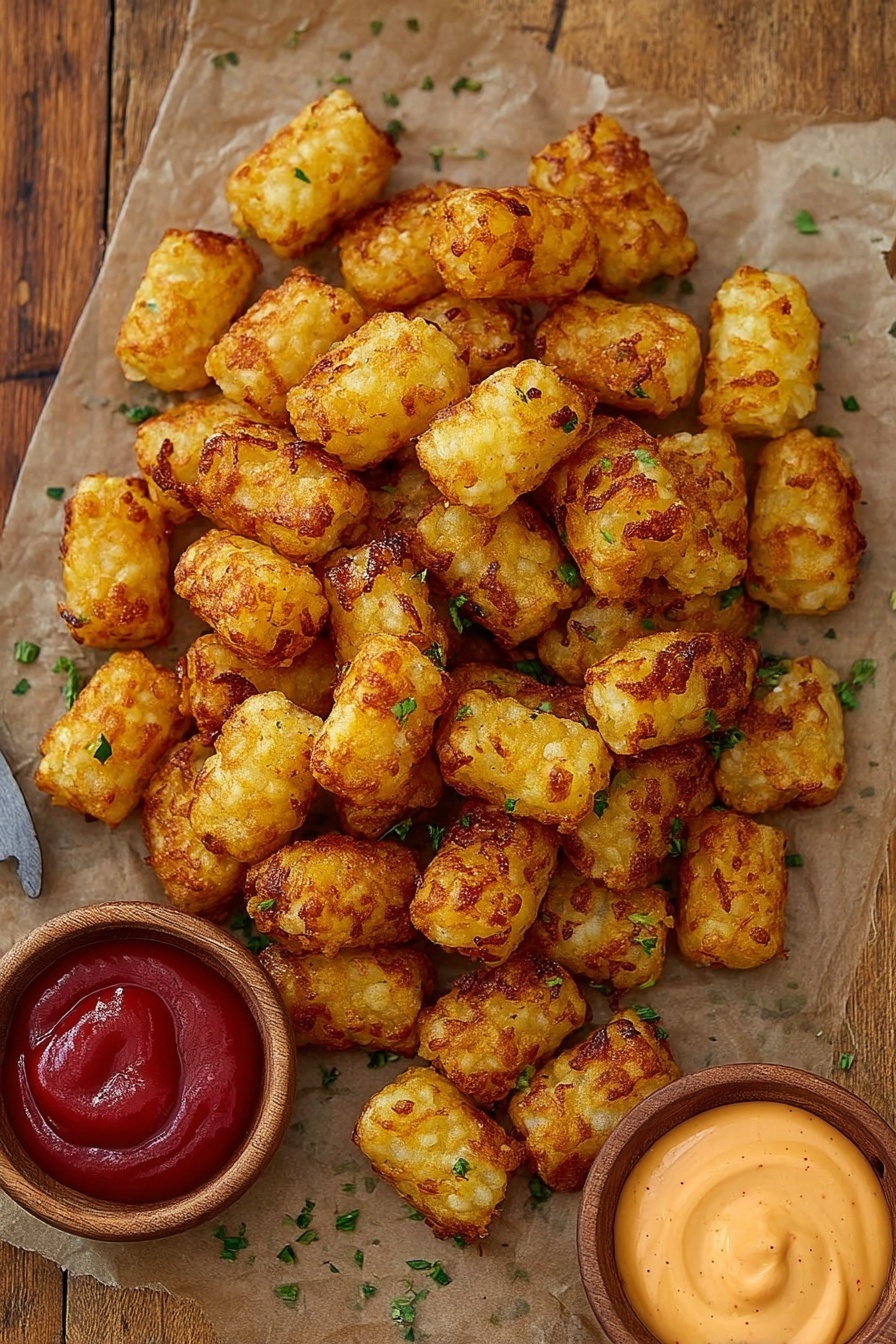 A pile of golden brown tater tots with a crispy surface, some showing small browned spots, spread on a brown parchment paper on a wooden table. Light green chopped herbs are sprinkled over the tots and around them. Below the pile, there are two small round wooden bowls filled with sauces: one is red ketchup and the other is a light orange creamy sauce. The overall scene is warm and rustic. Photo taken with an iphone --ar 2:3 --v 7