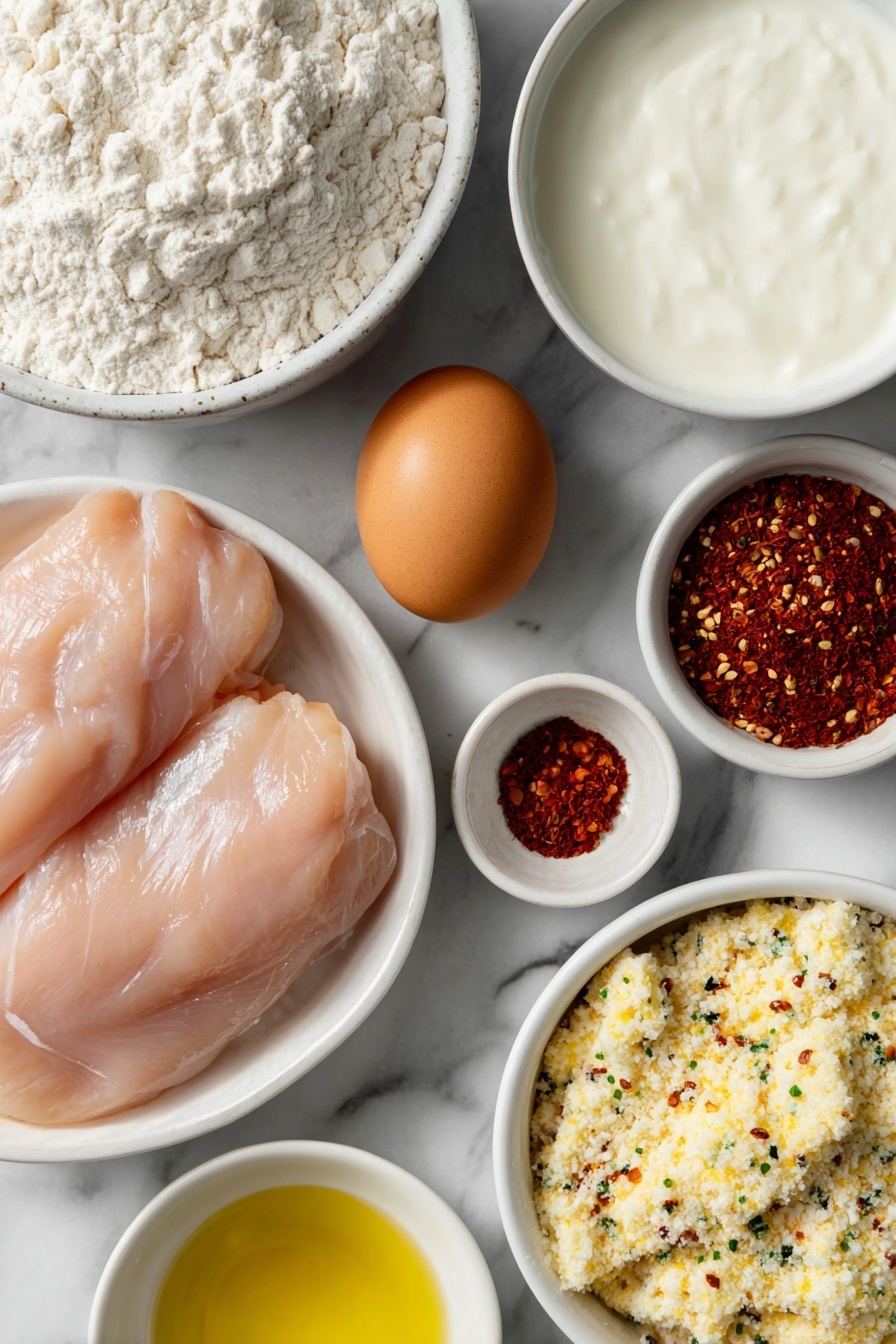 Flat lay of fresh raw chicken breast tenders arranged neatly, one whole uncracked brown egg beside a small white ceramic bowl with creamy milk, a simple white bowl holding fine white flour, another small white bowl filled with plain golden bread crumbs, a small white bowl showcasing a colorful blend of everything bagel seasoning with visible sesame seeds, garlic flakes, and poppy seeds, a tiny white bowl with vibrant red paprika powder, a small white bowl containing golden olive oil, all placed in perfect symmetry on a clean white marble surface, soft natural light, photo taken with an iPhone, professional food photography style, fresh ingredients, white ceramic bowls, no bottles, no duplicates, no utensils, no packaging --ar 2:3 --v 7 --p m7354615311229779997