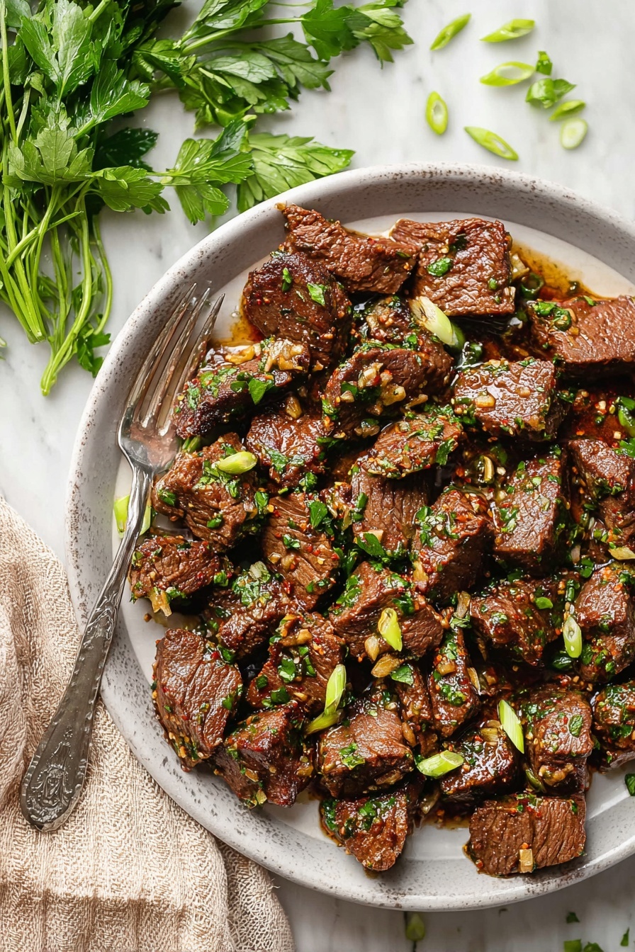 A top view of a frying pan with a gold handle on a white marbled surface, containing one layer of finely chopped garlic pieces frying in hot oil, showing a yellowish-golden color and bubbling texture across the pan's black surface. Around the pan are three small white bowls; one at the top right filled with a heap of chopped green parsley, one at the bottom left with sliced green onions in light green and white shades, and some loose parsley leaves and two garlic cloves are placed directly on the surface near the pan. photo taken with an iphone --ar 2:3 --v 7