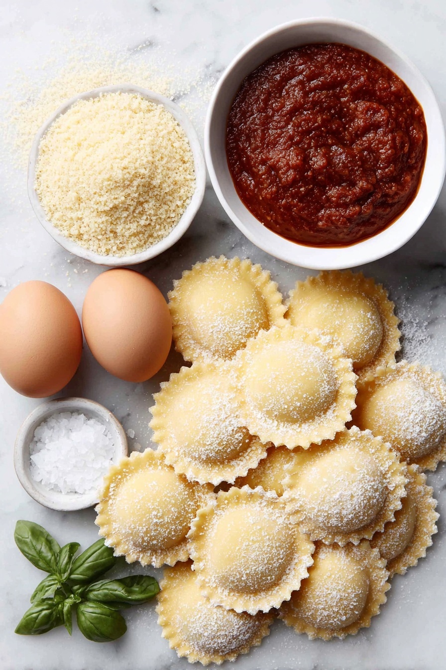 Flat lay of fresh round ravioli pasta with rippled edges, a small mound of golden Italian seasoned breadcrumbs, a small white bowl of finely grated Parmesan cheese, a few dried basil leaves scattered nearby, two whole light brown eggs with smooth clean shells, a small white bowl of vibrant red marinara sauce, and a pinch of coarse salt crystals arranged neatly on a simple white ceramic plate, all ingredients fresh and natural, placed on a clean white marble surface, soft natural light, photo taken with an iPhone, professional food photography style, fresh ingredients, white ceramic bowls, no bottles, no duplicates, no utensils, no packaging --ar 2:3 --v 7 --p m7354615311229779997