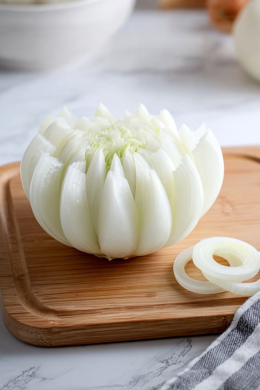 The image shows a close-up of a golden-brown fried onion blossom with many crispy, textured petals spread out in a circle. Inside the middle of the onion is a hollowed lime half filled with a light orange creamy dipping sauce with a smooth texture. A woman's hand is holding one of the crunchy onion petals, dipping it into the sauce. The dish sits on a white plate with a white marbled surface in the background. photo taken with an iphone --ar 2:3 --v 7