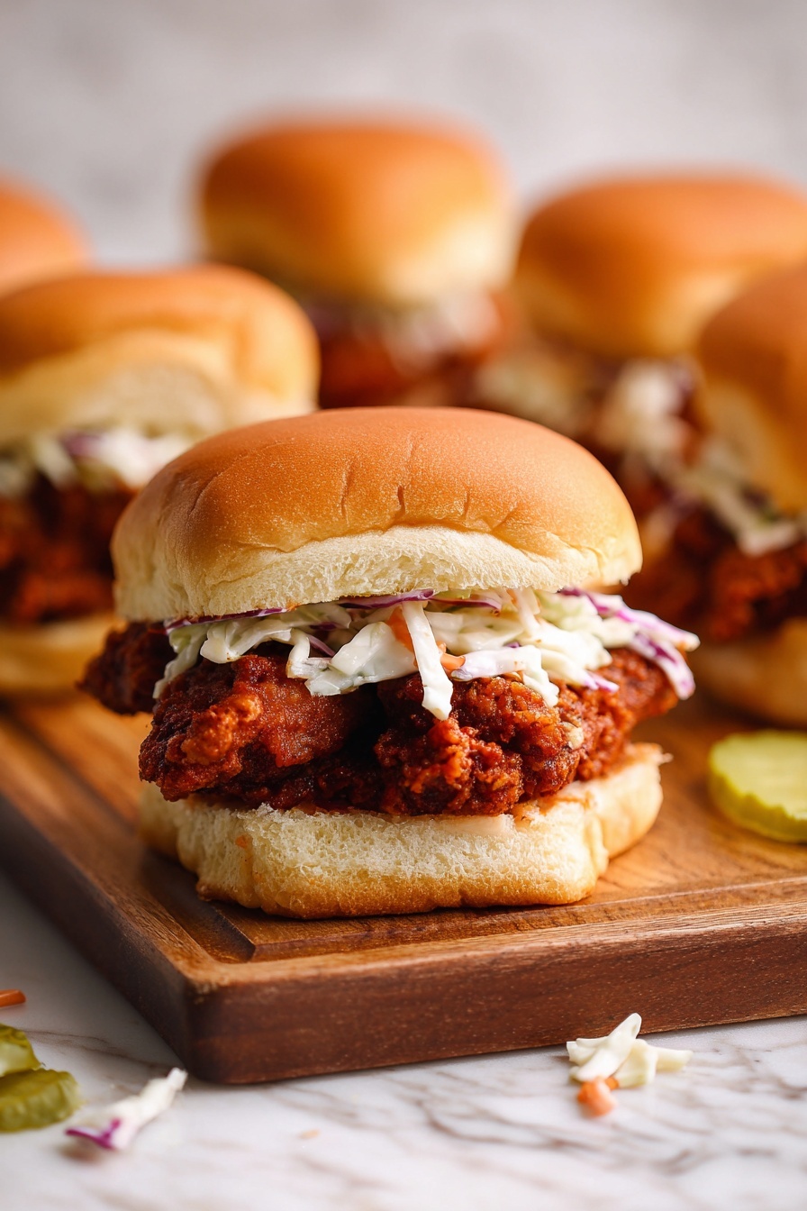The image shows a sandwich with three main layers. The base is a soft, light brown bun. On the bottom bun, there is a layer of white and slightly creamy coleslaw that has thin strips of cabbage and carrot. Above the coleslaw, there is a thick layer of crispy fried chicken with a reddish-brown crunchy texture. The top layer is another soft, light brown bun placed gently on the chicken. In the background, there are more sandwiches similar in style, all arranged on a wooden board set on a white marbled surface. Small stray pieces of coleslaw and a green pickle slice are scattered near the board. photo taken with an iphone --ar 2:3 --v 7