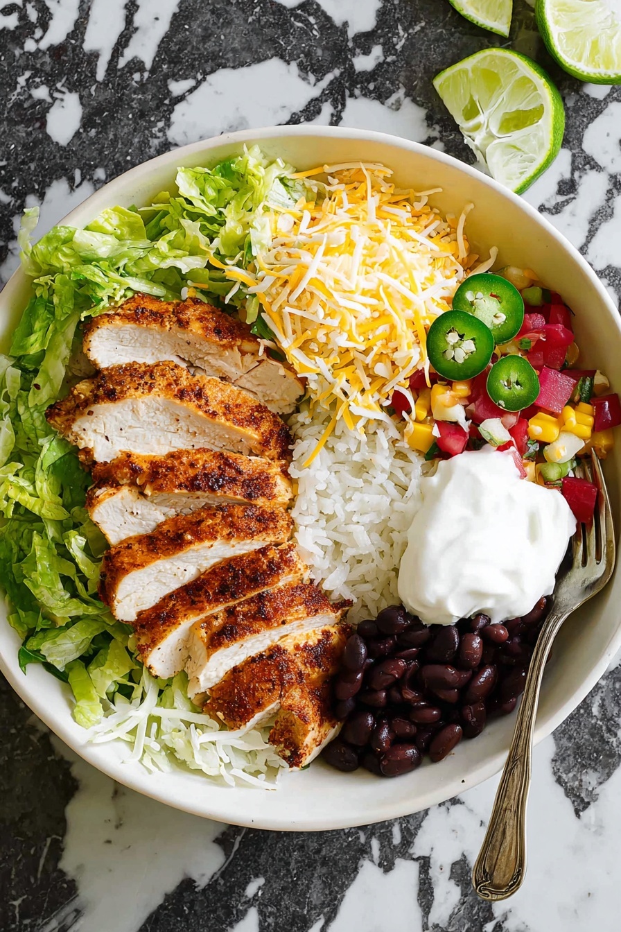 A white scalloped bowl holds a layered dish starting with a base of white rice sprinkled with finely chopped red onions, green herbs, and pink tomatoes forming a colorful salsa. On top of the rice sits a row of golden brown, grilled sliced chicken arranged in a neat line. Behind the chicken, there are black beans topped with a white dollop of creamy sauce and a small mound of shredded white cheese. A lime wedge peeks from the back of the bowl, all set on a white marbled surface. Photo taken with an iphone --ar 2:3 --v 7