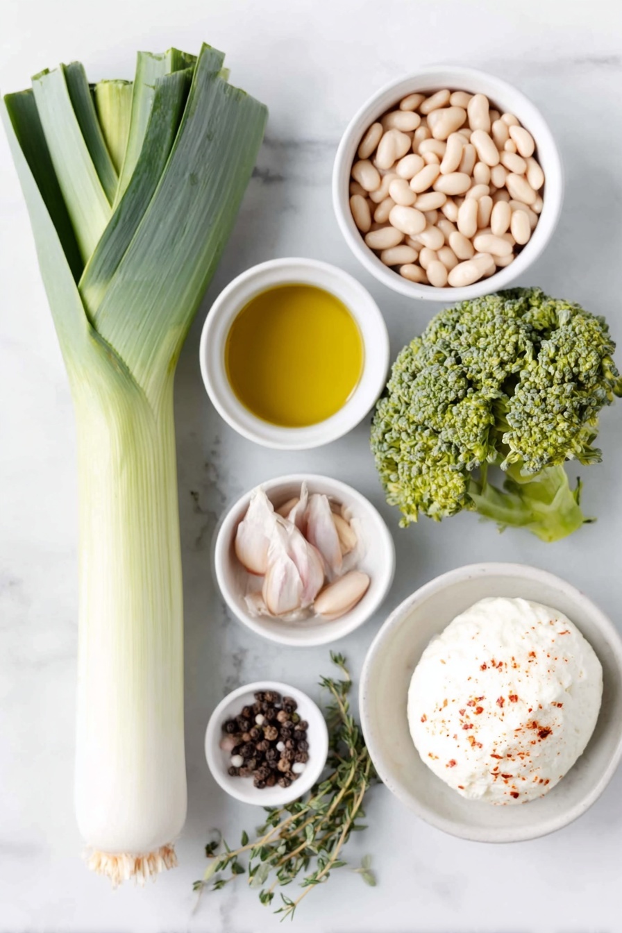 Flat lay of a large leek, three whole garlic cloves, a fresh large head of broccoli including stem and leaves, a small white ceramic bowl of olive oil, a small white ceramic bowl of fresh thyme sprigs, a small white ceramic bowl of salt crystals, a small white ceramic bowl of black peppercorns, a small white ceramic bowl filled with white beans, a small white ceramic bowl of vegetable broth, a whole burrata cheese ball placed on a simple white ceramic plate, and a small white ceramic bowl of chili oil, all arranged with perfect symmetry and realistic proportions, placed on a clean white marble surface, soft natural light, photo taken with an iPhone, professional food photography style, fresh ingredients, white ceramic bowls, no bottles, no duplicates, no utensils, no packaging --ar 2:3 --v 7 --p m7354615311229779997