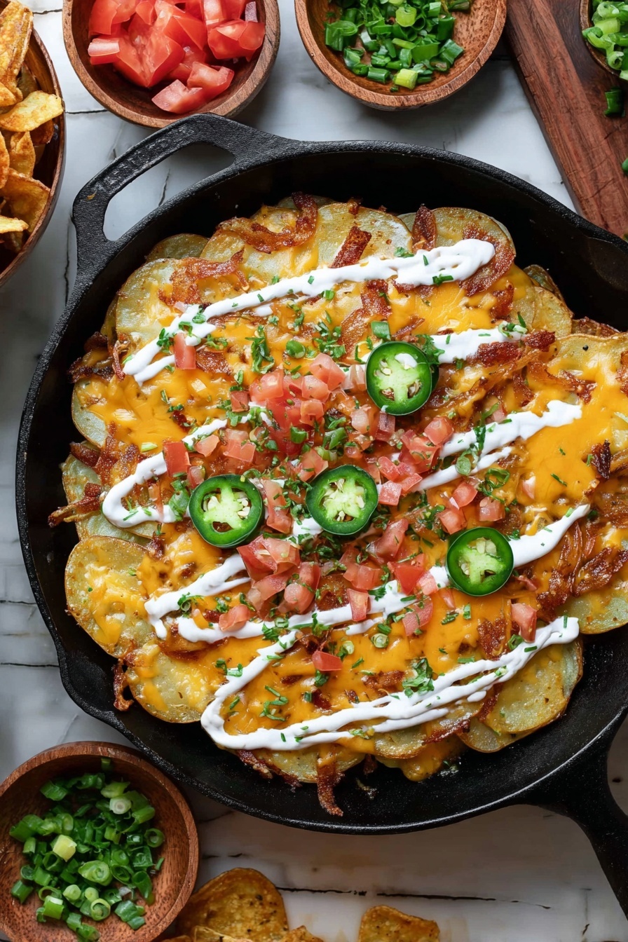 A black skillet holds a layered dish starting with a base of golden, crispy potato slices arranged flat and overlapping. On top, bright orange melted cheddar cheese covers the potatoes unevenly, creating melted, smooth patches. Scattered finely diced red tomatoes and small green onion pieces add color contrast all over. Bright green round slices of jalapeño peppers with visible seeds are layered sporadically on top. White sour cream is drizzled in thick lines diagonally across the whole dish, adding a creamy texture. The skillet sits on a white marbled textured surface surrounded by small wooden bowls holding chopped green onions, diced tomatoes, and crisply cooked potato slices. Photo taken with an iphone --ar 2:3 --v 7