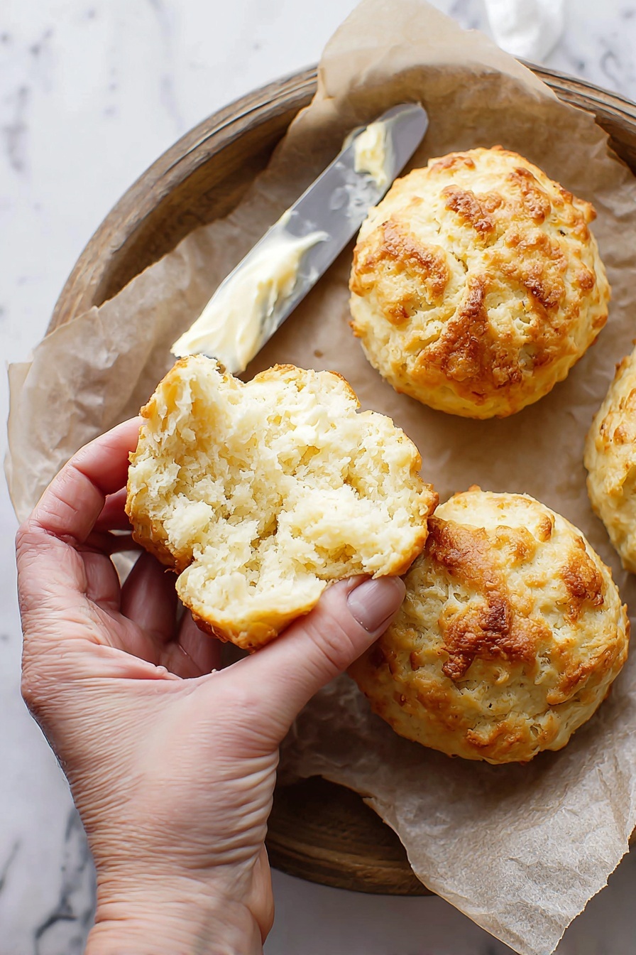 The image shows four golden brown biscuits with a slightly rough and crumbly texture on top, in a black cast iron skillet with an orange outer edge. Each biscuit has a rounded shape with uneven, cracked tops and some small browned spots that give them a baked look. The skillet sits on a white marbled surface, and the close-up focus highlights the biscuits' crusty tops and soft, dense insides. photo taken with an iphone --ar 2:3 --v 7