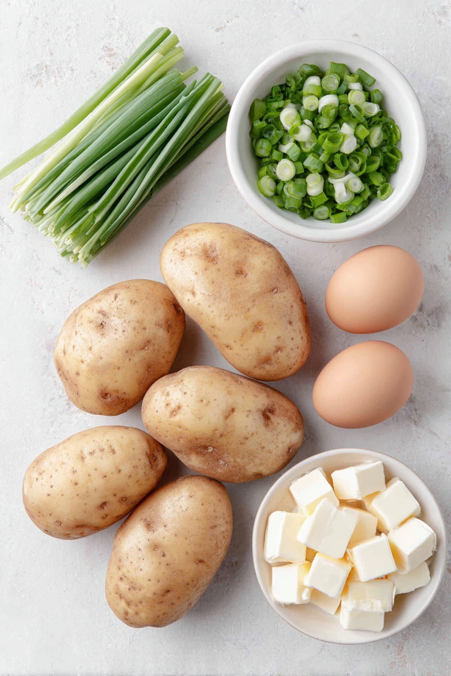 Flat lay of six medium Yukon Gold potatoes with pale golden skin, a small white ceramic bowl of whole milk infused with bright green sliced green onion tops, a neatly stacked pile of fresh green onion tops, a small white ceramic bowl filled with rich, pale yellow unsalted butter chunks, and a couple of whole uncracked brown eggs placed harmoniously, all arranged in perfect symmetry on a clean white marble surface, soft natural light, photo taken with an iPhone, professional food photography style, fresh ingredients, white ceramic bowls, no bottles, no duplicates, no utensils, no packaging --ar 2:3 --v 7 --p m7354615311229779997