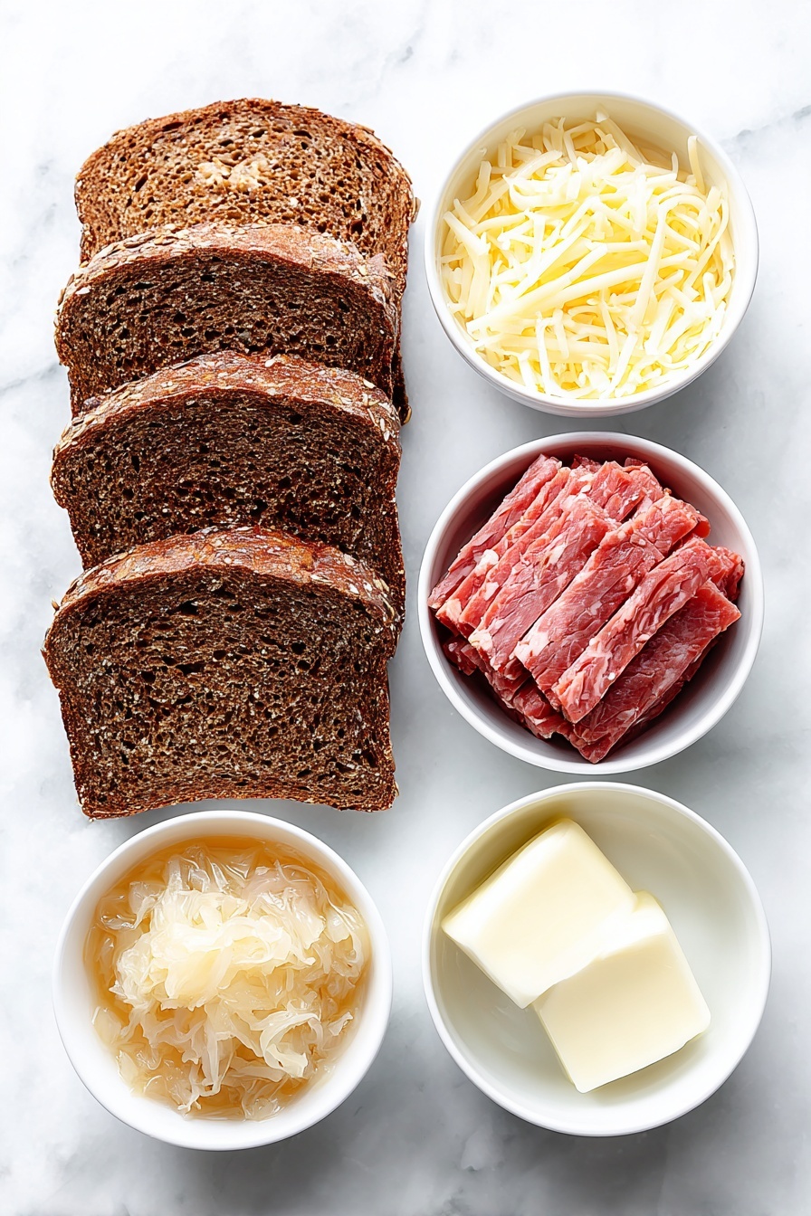 Flat lay of four slices of dark rye bread with visible seeds and a deep brown crust, a small mound of shredded Swiss cheese with fine holes, a small white ceramic bowl filled with golden thousand island dressing, a small white ceramic bowl holding bright, juicy sauerkraut strands, a neat stack of thinly sliced corned beef with rich marbling and rosy color, and a few pats of soft unsalted butter in a simple white ceramic dish, all arranged symmetrically and balanced, placed on a clean white marble surface, soft natural light, photo taken with an iPhone, professional food photography style, fresh ingredients, white ceramic bowls, no bottles, no duplicates, no utensils, no packaging --ar 2:3 --v 7 --p m7354615311229779997