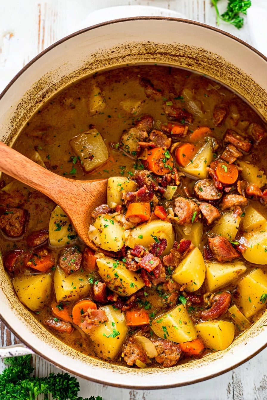 A large white pot filled with a stew that has many pieces of yellow potatoes, sliced orange carrots, and brown browned sausage chunks mixed with small bits of cooked bacon and herbs. The stew has a rich brown broth that lightly coats the ingredients and touches the sides of the pot. A wooden spoon is scooping up a portion of the stew, showing the thick, chunky texture of the potatoes, sausage, and carrots. Small green herbs are sprinkled over the stew, adding small spots of color. The pot sits on a white marbled surface with some green parsley leaves near the bottom right corner. Photo taken with an iphone --ar 2:3 --v 7