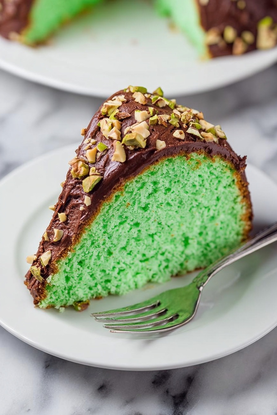 In a round silver bundt cake pan, there is a batter with two layers: a thick pale green layer filling the pan and a thinner dark brown layer swirled on top in a decorative pattern. The dark brown layer forms elongated teardrop shapes and curves that create a spiral around the center hole of the pan. A woman's hand is holding a spoon, drawing through the layers to create the swirled design. The pan is placed on a white marbled surface. photo taken with an iphone --ar 2:3 --v 7