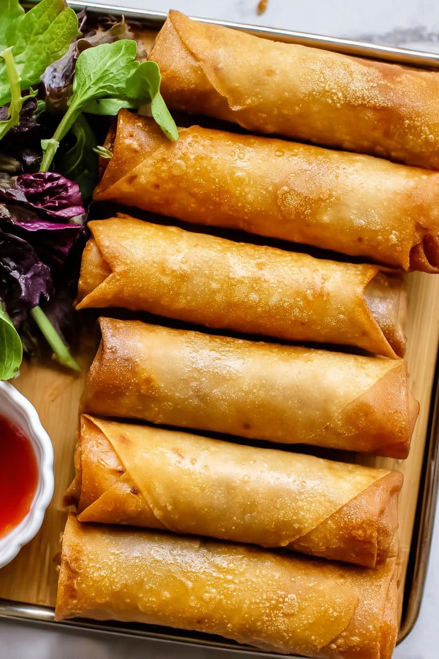 Seven golden brown spring rolls are stacked neatly side by side on a wooden board. The spring rolls have a crispy, lightly bubbled texture on their surface and are placed in a diagonal line. To the left of the spring rolls, there is a small bunch of mixed leafy greens with dark purple and bright green shades. A small white bowl containing red dipping sauce is partially visible at the bottom left corner. The background is a white marbled texture photo taken with an iphone --ar 2:3 --v 7