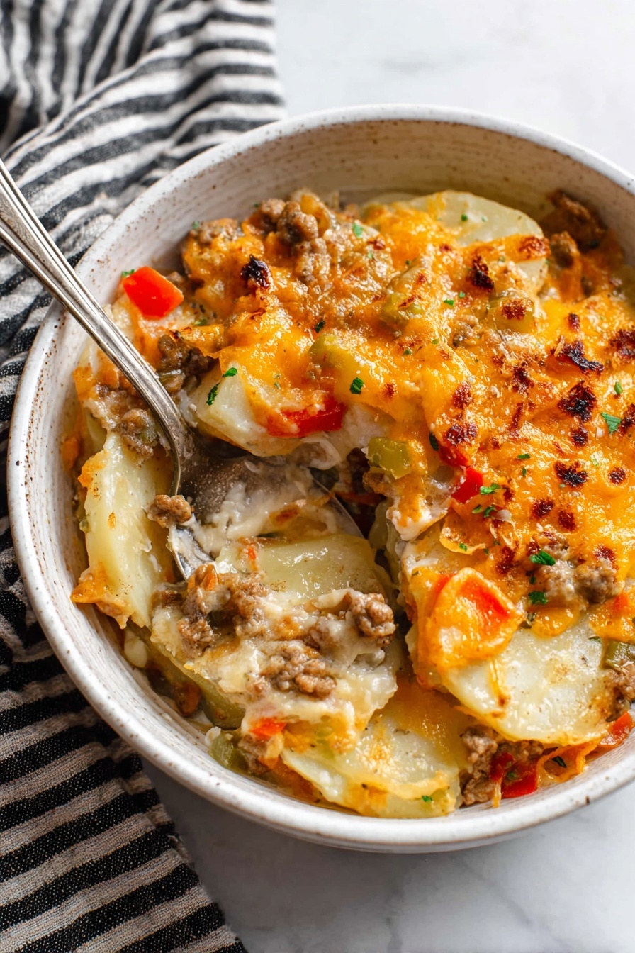 In a close-up view of a pan, there is a base layer of brown cooked ground meat with a slightly crumbly texture and some shiny bits from the cooked juices. On top of the meat, there are three distinct piles of diced vegetables positioned side by side: bright green bell peppers on the left, red bell peppers in the middle, and white onions on the right. The colors are vivid with the peppers and onions showing crisp, fresh edges. The inside of the pan is metallic with a slightly worn look, and the background features a white marbled texture. Photo taken with an iphone --ar 2:3 --v 7