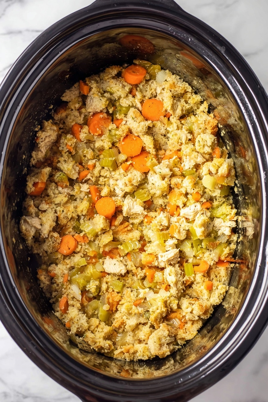 Inside a shiny slow cooker, there is a thick mix of stuffing with many small pieces. The stuffing has light brown, yellow, and golden bits that look soft and crumbly. Bright orange carrot slices and green celery pieces are spread evenly throughout. There are also small white onion pieces mixed in. The stuffing looks moist and cooked, filling the oval cooker fully. The background surface is white with a marbled texture. photo taken with an iphone --ar 2:3 --v 7
