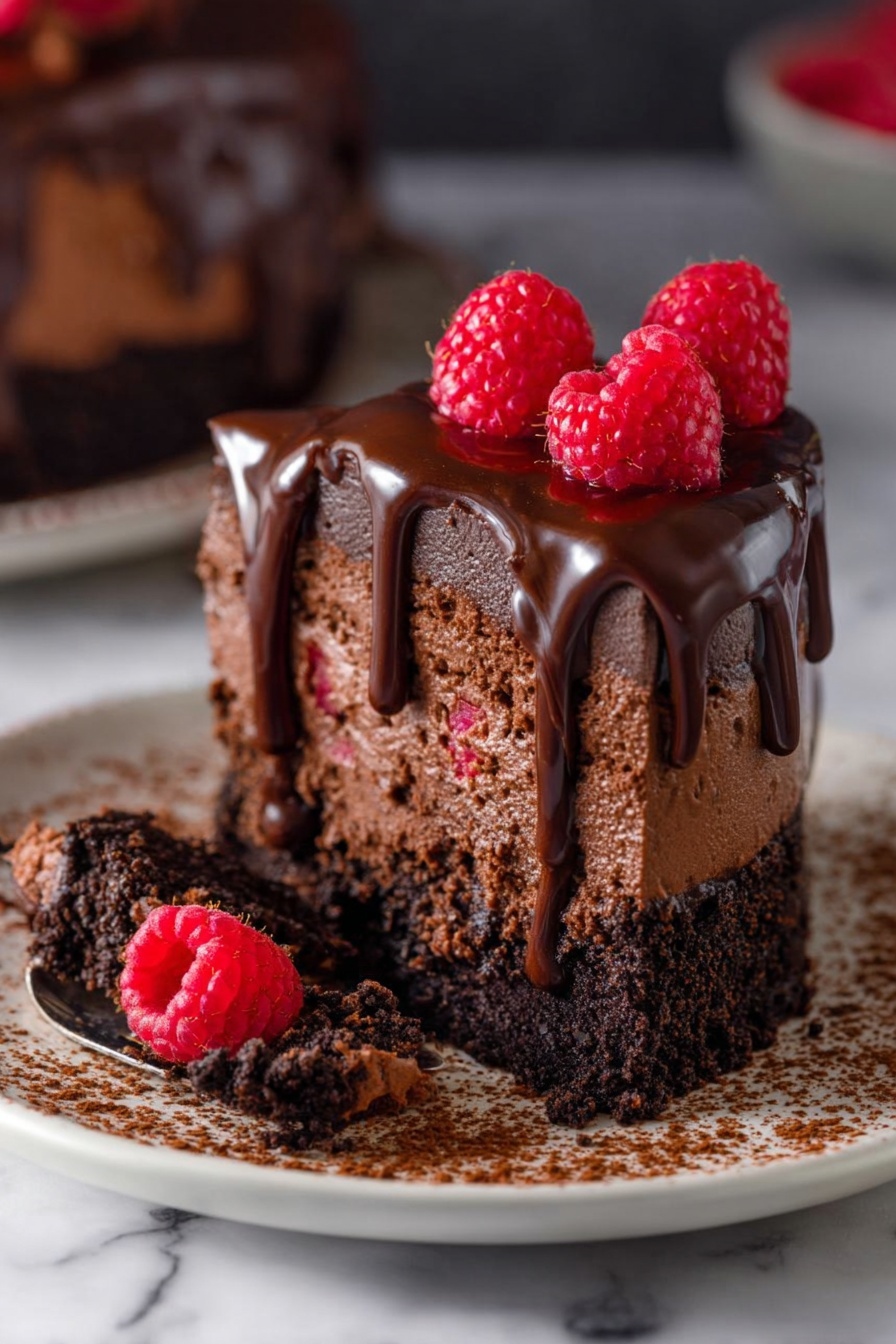 A round white bowl filled with a thick, smooth layer of creamy chocolate spread, swirling in the center as it is being poured. Bright red raspberries are scattered evenly around the edges under the chocolate layer, providing a bright contrast. The bowl sits on a white marbled surface. A blurred woman's hand holding a spoon is visible in the foreground, adding the chocolate. Photo taken with an iphone --ar 2:3 --v 7
