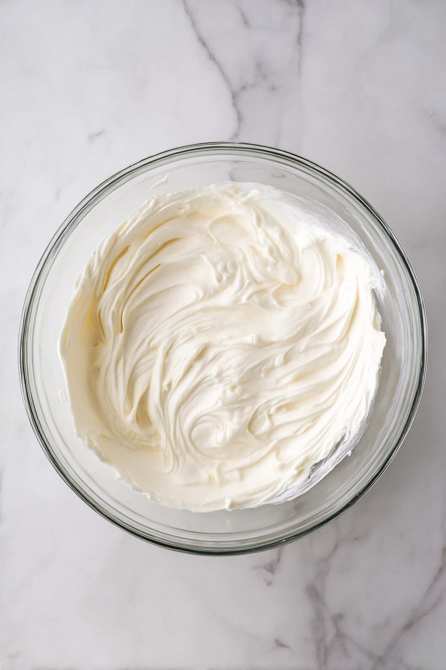 A close-up of a woman's hand holding a strawberry half topped with a thick layer of white cream and sprinkled with small golden crunchy bits. In the blurred background, more strawberry halves with the same white cream and golden topping sit arranged on a white plate. The whole scene is set on a white marbled surface. photo taken with an iphone --ar 2:3 --v 7