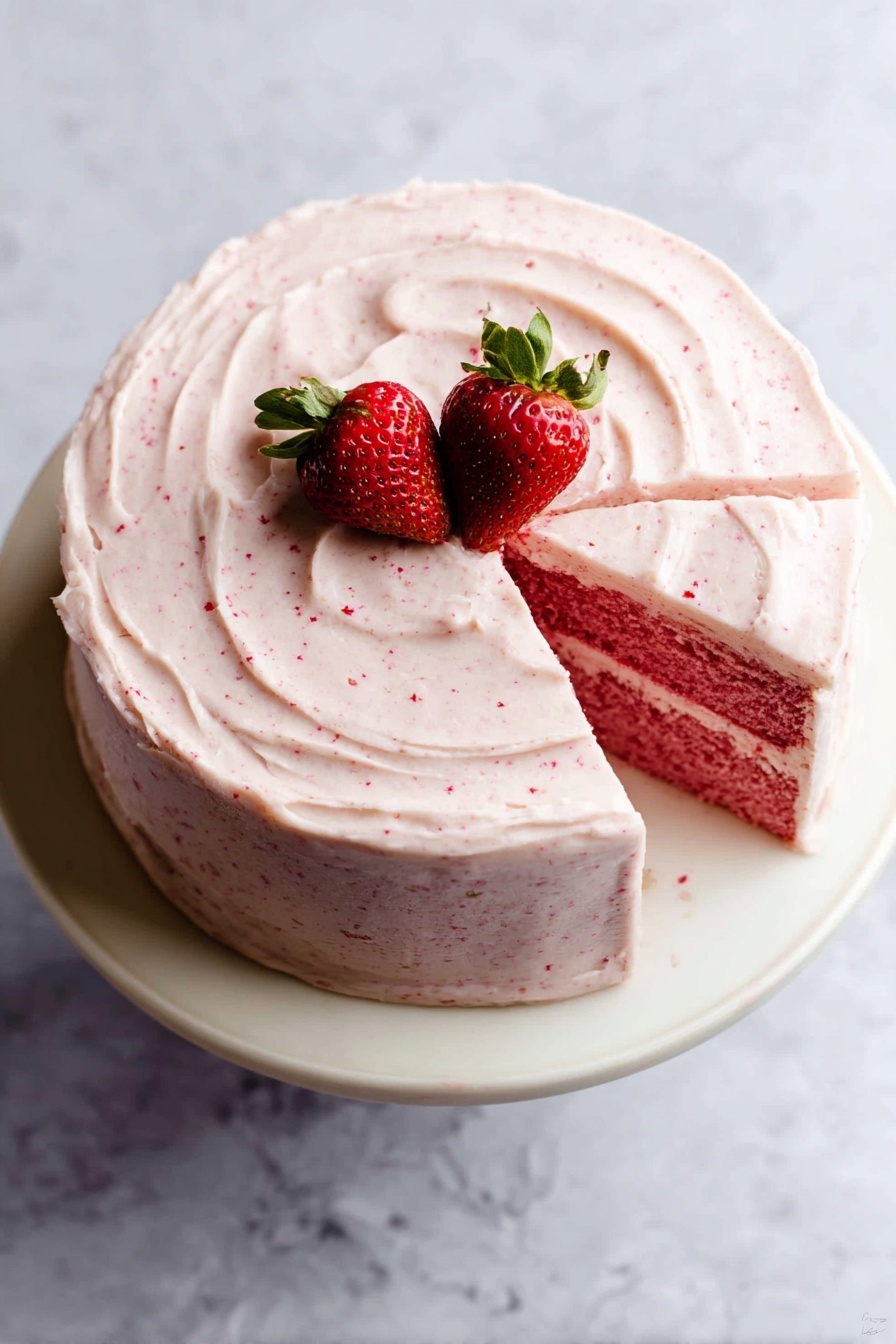 A round cake with two visible layers sits on a white cake stand over a white marbled surface. The top is coated with thick, light pink frosting that has a creamy texture with small red specks. Two whole strawberries with green leaves are placed close together at the center of the cake. One slice is slightly separated, showing a darker pink or red cake layer under the frosting. The frosting on the side and top is spread in soft, swirling patterns. Photo taken with an iphone --ar 2:3 --v 7