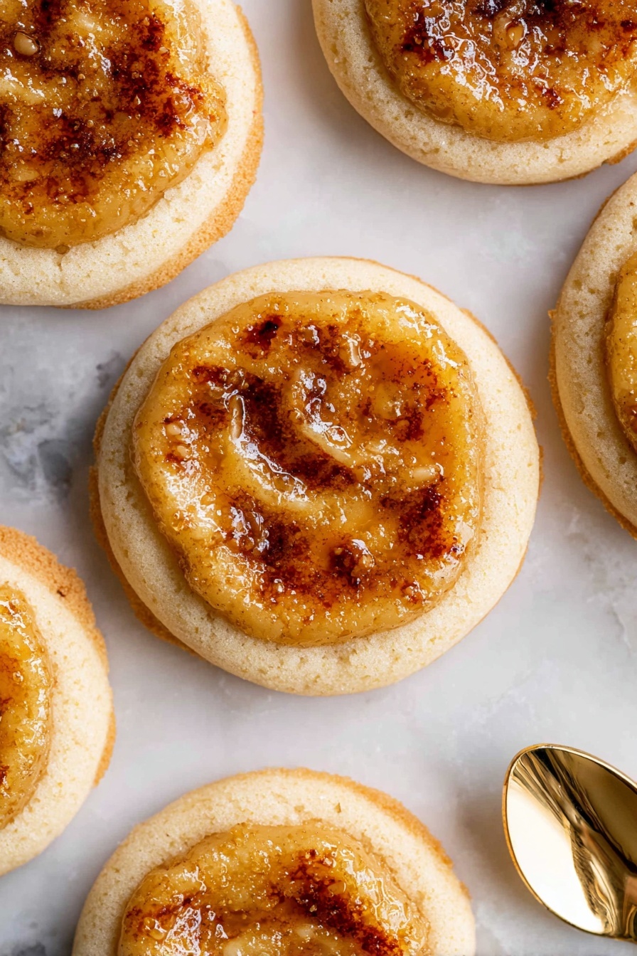 The image shows several soft cookies placed on a white marbled surface. Each cookie has two main layers: a base layer that is light beige with a smooth texture, and a top layer which is a glossy, golden-brown caramel-like spread with darker brown spots and streaks, giving it a slightly shiny and textured look. The cookies are round and uniform in size. To the right side of the image, there is a shiny gold spoon partially resting on the surface, reflecting some light. The overall look is warm and inviting, with a mix of smooth and sticky textures. photo taken with an iphone --ar 2:3 --v 7