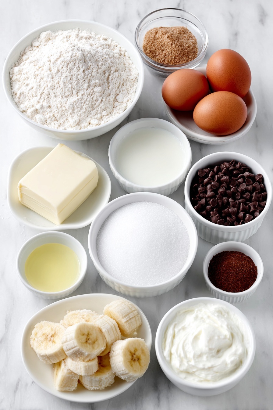 Flat lay of a small mound of all-purpose flour, a few tablespoons of melted unsalted butter in a small white ceramic bowl, a small white bowl with granulated sugar, a small white bowl with light brown sugar, two large whole uncracked eggs with clean shells, a small white bowl of whole milk, a small bunch of ripe peeled mashed bananas shaped loosely on a white ceramic plate, a small white bowl of vegetable oil, a few semi-sweet mini chocolate chips scattered naturally on the surface, a teaspoon of fine sea salt in a small white bowl, a small white bowl with ground cinnamon, and a small white bowl of heavy cream with semi-sweet chocolate chips beside it, all arranged symmetrically on a clean white marble surface, soft natural light, photo taken with an iPhone, professional food photography style, fresh ingredients, white ceramic bowls, no bottles, no duplicates, no utensils, no packaging --ar 2:3 --v 7 --p m7354615311229779997