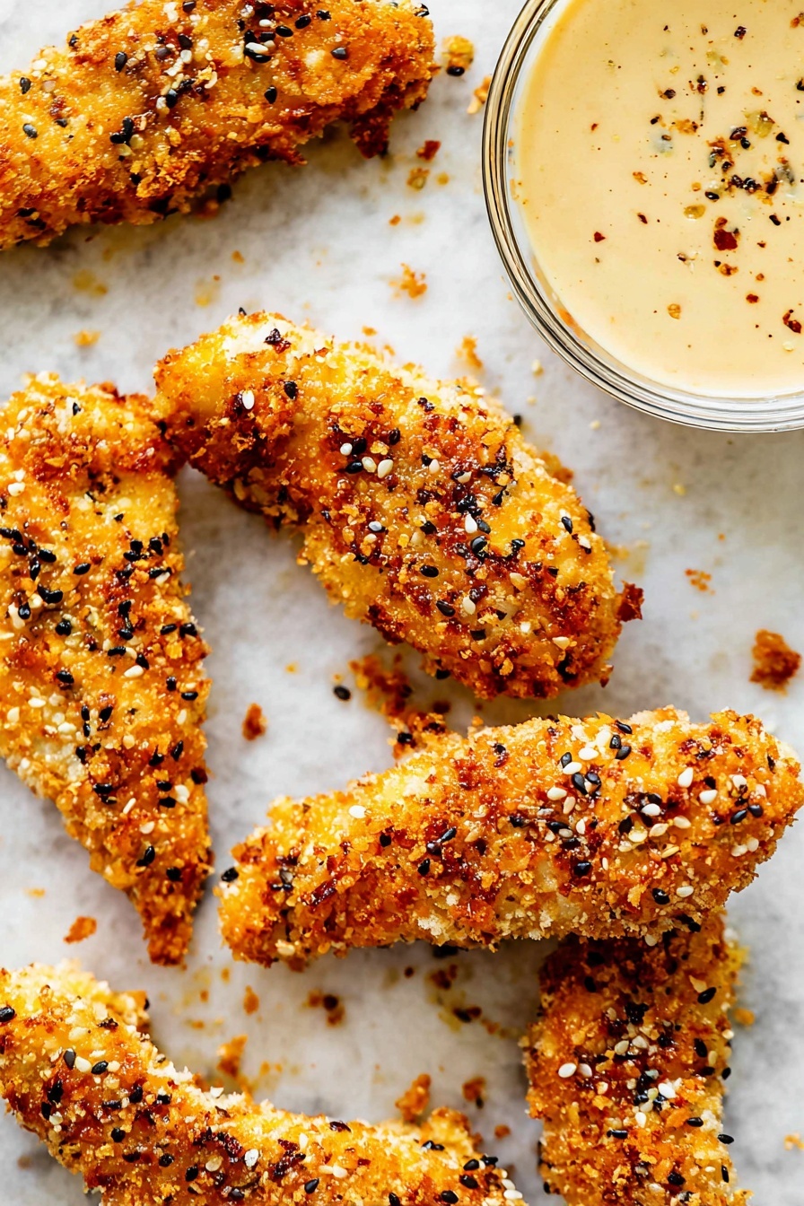 The image shows several pieces of golden-brown crispy chicken strips placed on a white marbled surface. Each chicken strip has a crunchy texture with a coating that is dotted with black and white sesame seeds and small bits of seasoning. The surface around the chicken pieces has small crumbs and a light oily sheen. In the top right corner, there is a clear glass bowl filled with a creamy, light beige dipping sauce with visible specks of seasoning on top. The photo taken with an iphone --ar 2:3 --v 7