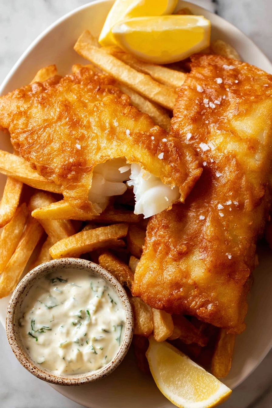 A white plate holds two large pieces of golden brown fried fish with a crispy, bubbly texture, one piece slightly broken to show the soft white fish inside, sprinkled lightly with coarse salt. Around the fish are thick, golden French fries with a rough, crunchy surface. To the side, there are two wedge-shaped slices of pale yellow lemon. In the front corner of the plate is a small ceramic bowl filled with creamy white tartar sauce with green herb bits visible. The whole scene is on a white marbled surface. photo taken with an iphone --ar 2:3 --v 7