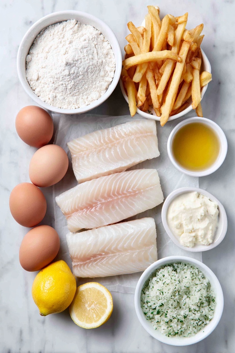 Flat lay of fresh white fish fillets cut into batons with clean edges, a small white ceramic bowl of plain all-purpose flour, a small white ceramic bowl of rice flour, a small white ceramic bowl of baking powder with fine white powder texture, a small white ceramic bowl of salt crystals, a small white ceramic bowl filled with very cold pale golden beer with tiny bubbles visible, several whole uncracked brown eggs with smooth shells, bright yellow lemon wedges with visible juicy pulp, a simple white ceramic bowl of leafy green salad leaves, a small white ceramic bowl of creamy tartare sauce with visible herbs, a small white ceramic bowl of crispy golden French fries with a crunchy texture, all arranged symmetrically and proportionately, placed on a clean white marble surface, soft natural light, photo taken with an iPhone, professional food photography style, fresh ingredients, white ceramic bowls, no bottles, no duplicates, no utensils, no packaging --ar 2:3 --v 7 --p m7354615311229779997